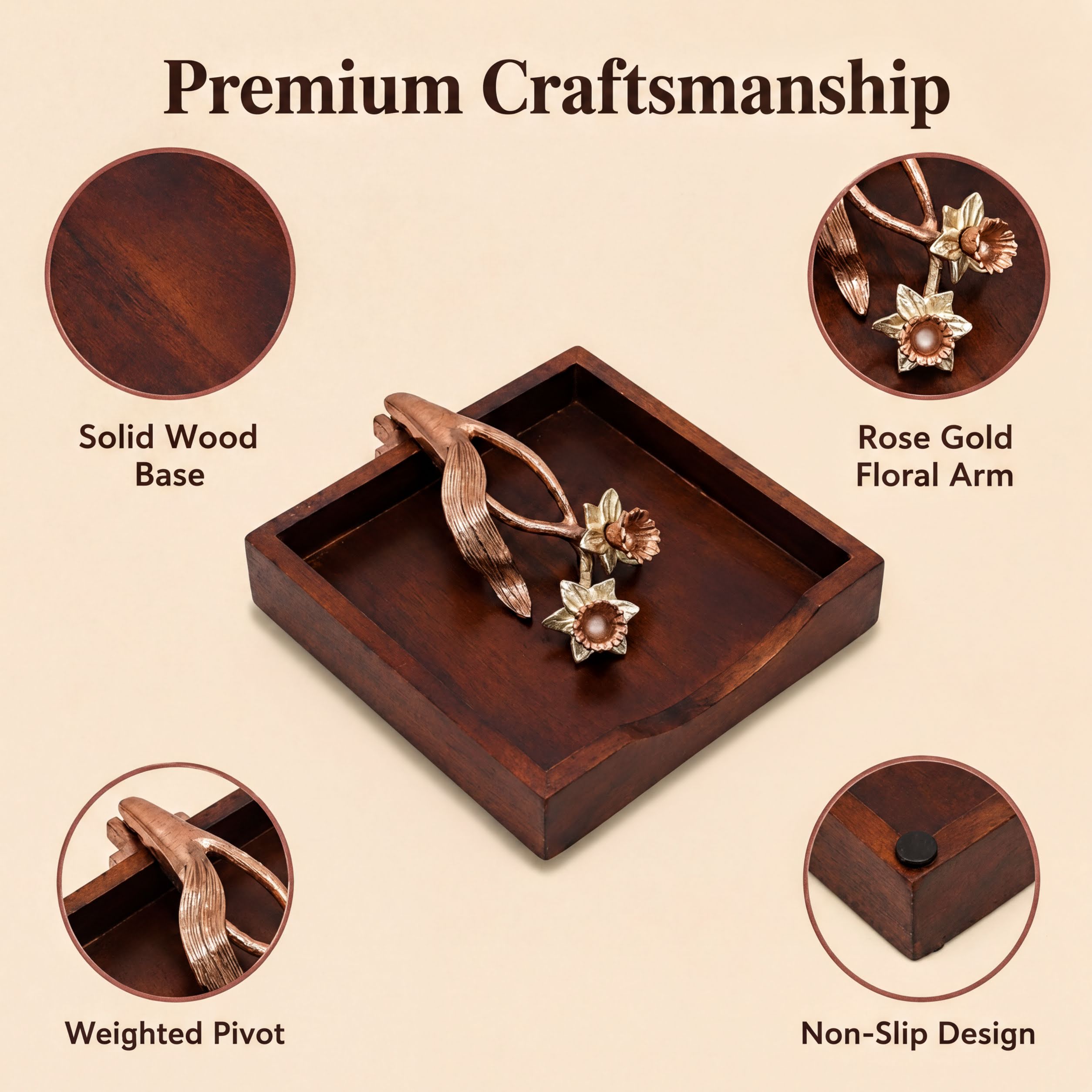 Wooden Napkin Holder – Solid Wood Kitchen Decor with Rose Gold Napkin Holder Finish