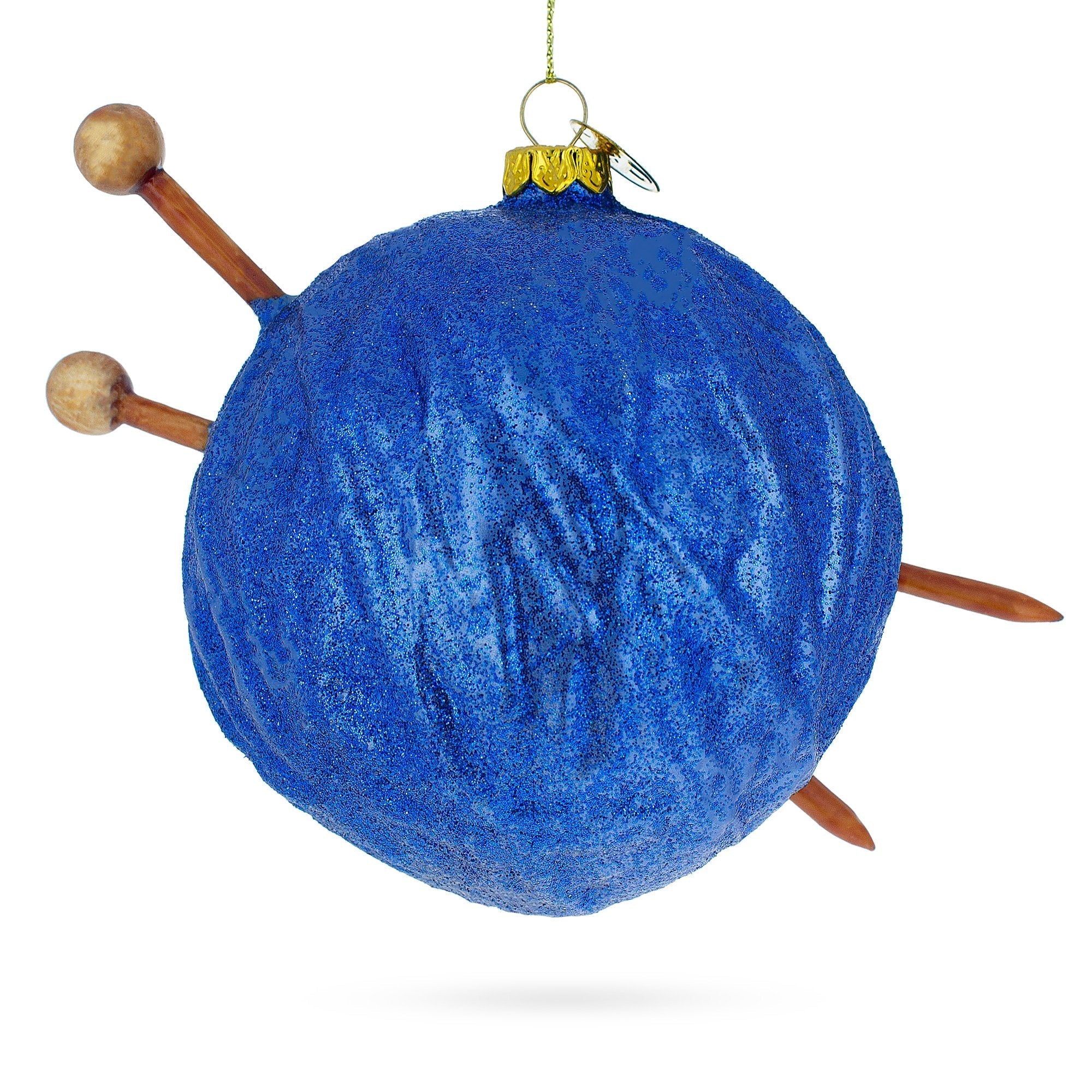 Blue Yarn Ball and Sticks Glass Christmas Ornament
