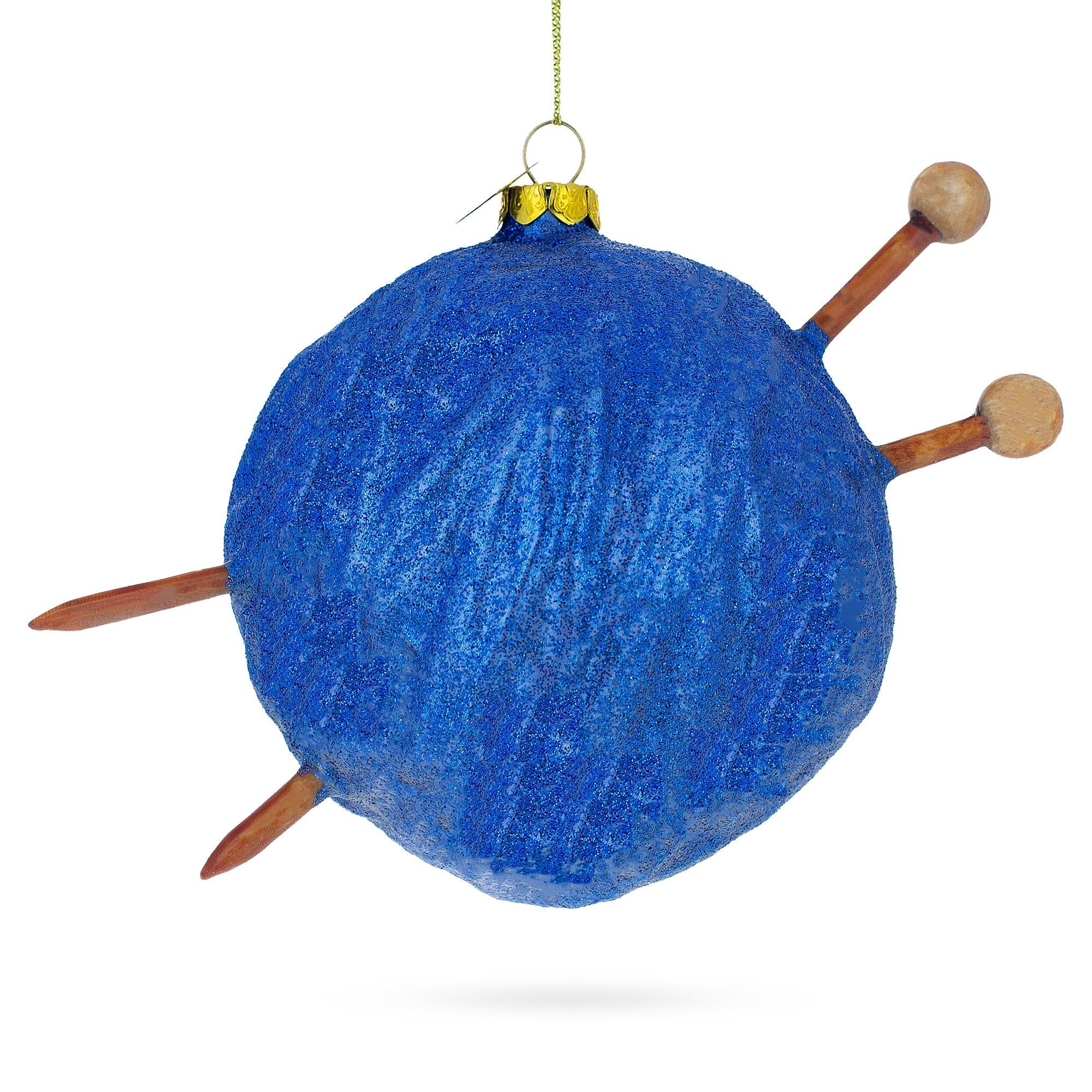 Blue Yarn Ball and Sticks Glass Christmas Ornament