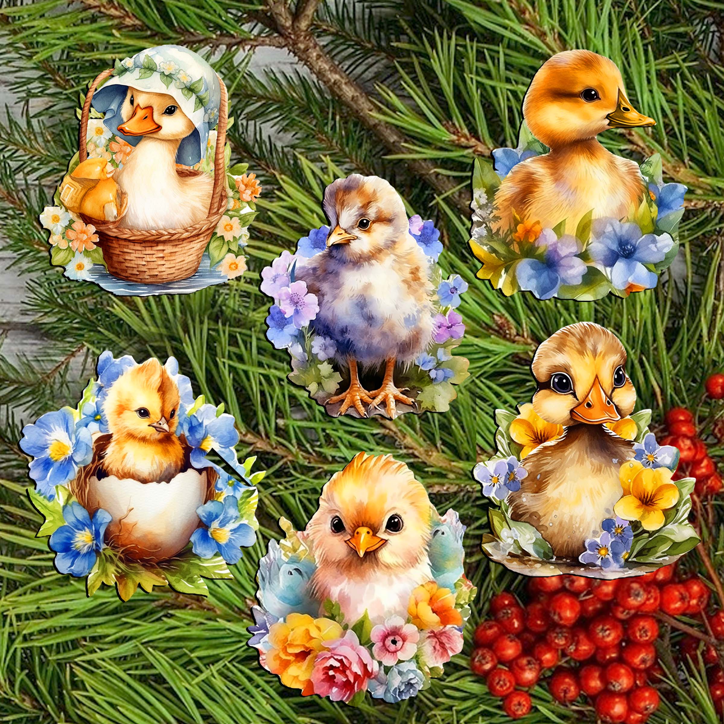 Spring Ducklings Clip-On Eco Wood Decorative Ornaments Set of 6 by G. Debrekht - Easter Décor - 8090055C-S6