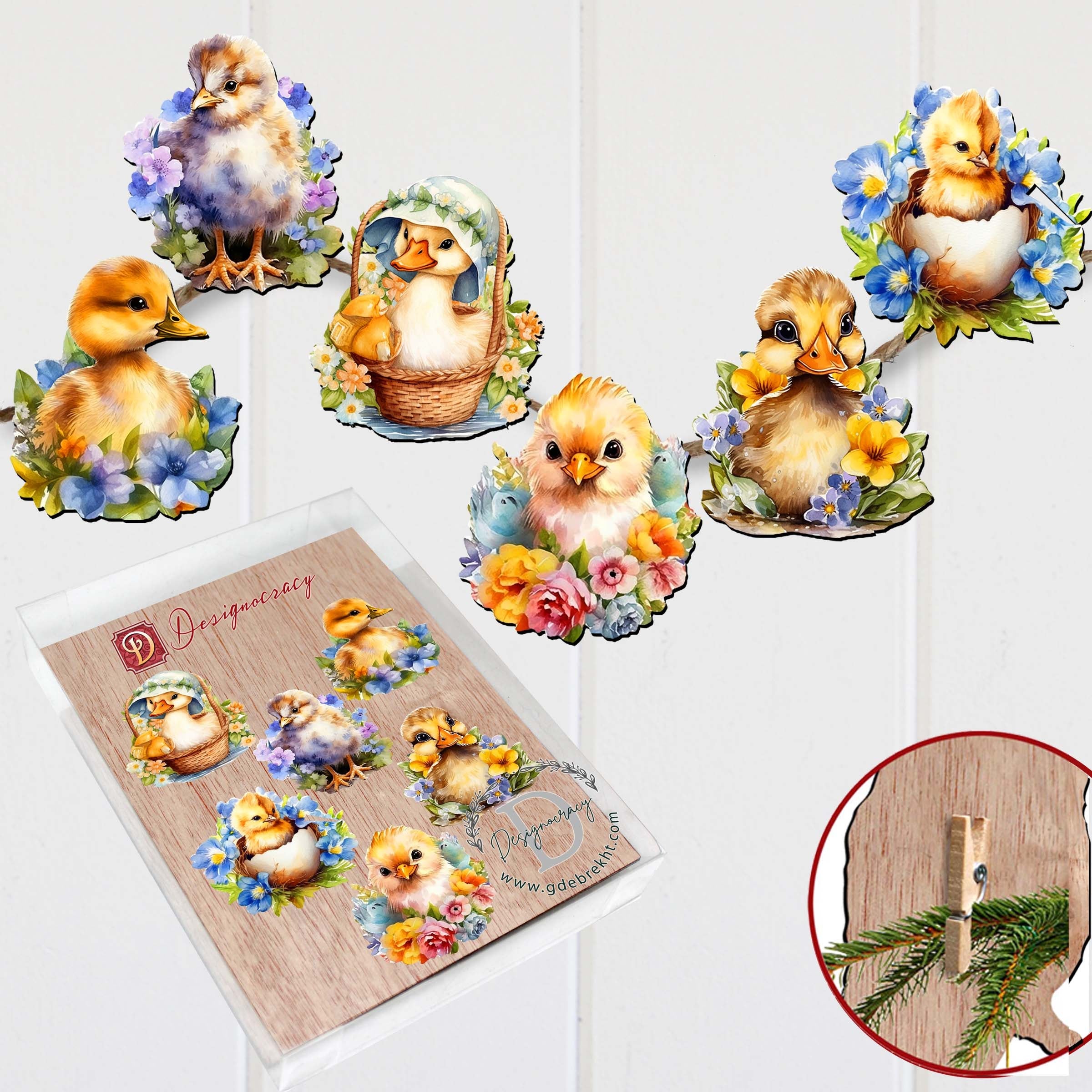 Spring Ducklings Clip-On Eco Wood Decorative Ornaments Set of 6 by G. Debrekht - Easter Décor - 8090055C-S6