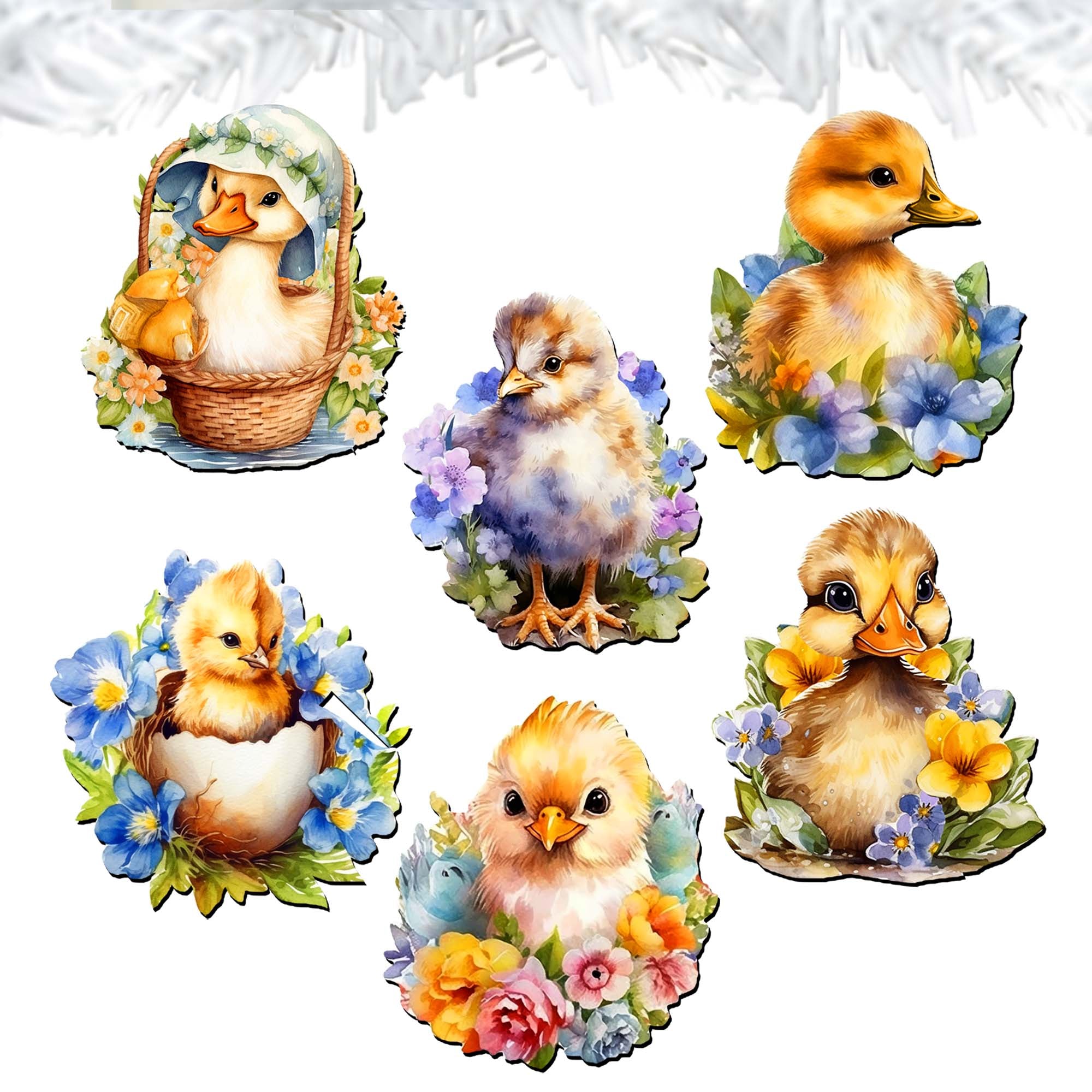 Spring Ducklings Clip-On Eco Wood Decorative Ornaments Set of 6 by G. Debrekht - Easter Décor - 8090055C-S6