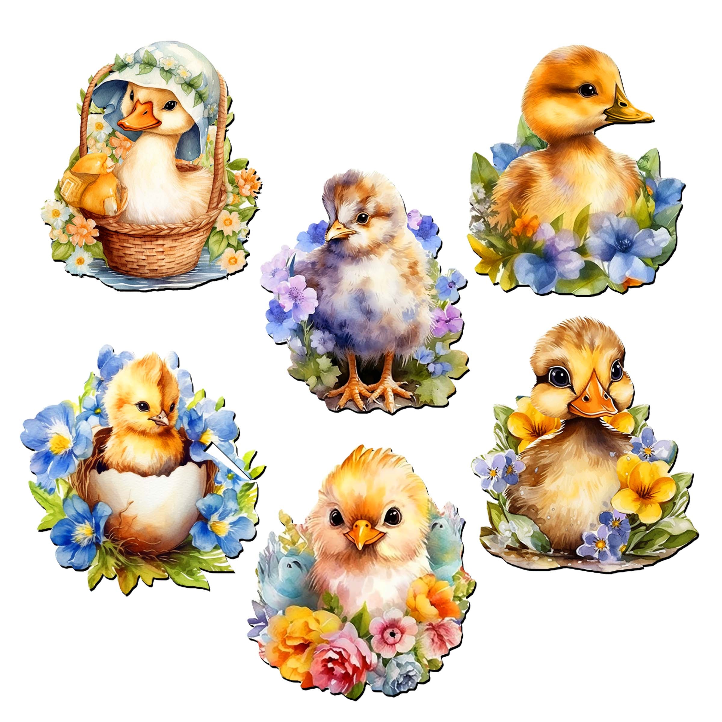 Spring Ducklings Clip-On Eco Wood Decorative Ornaments Set of 6 by G. Debrekht - Easter Décor - 8090055C-S6