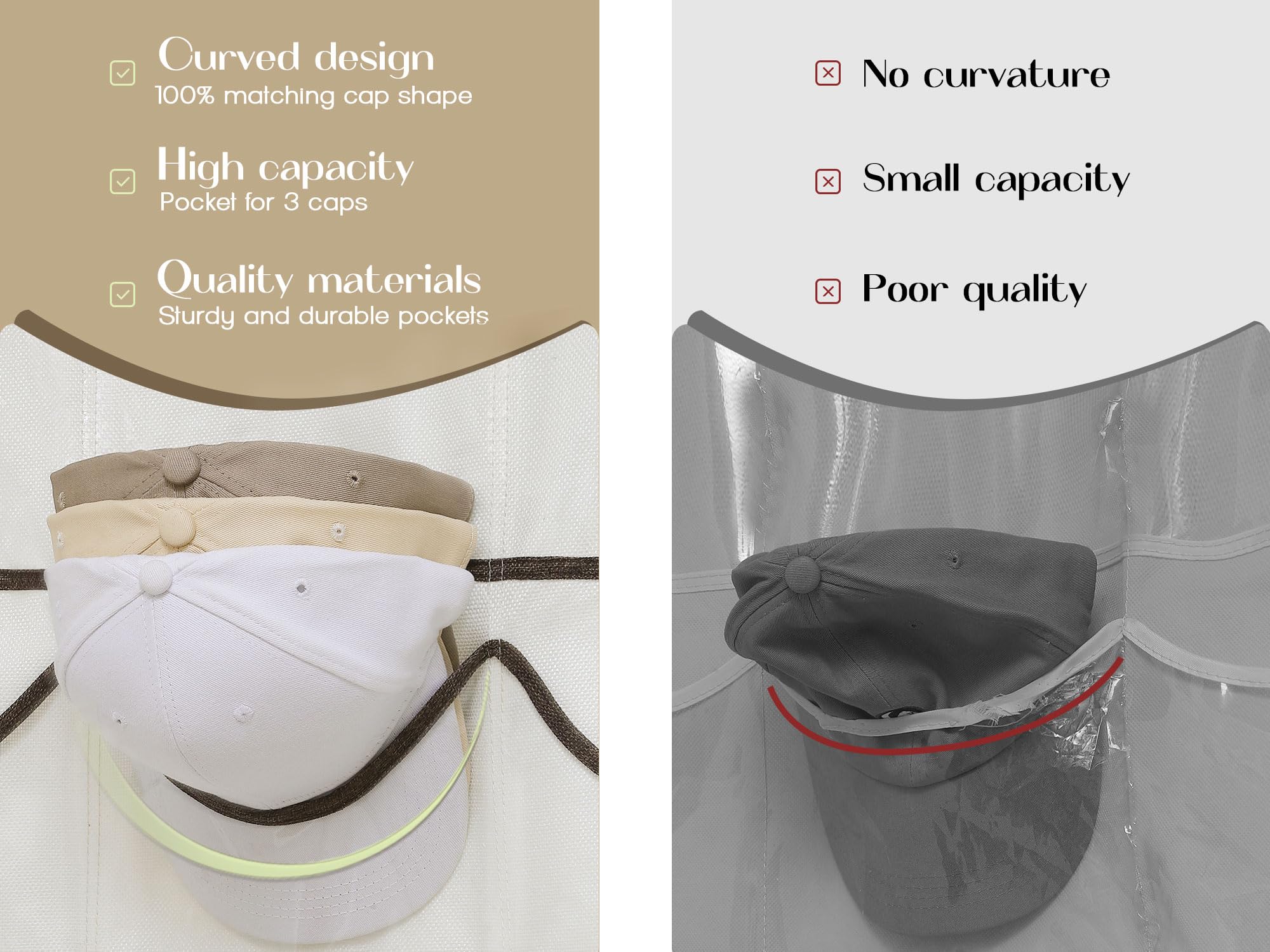 Loforhoney Home Hat Organizer For Baseball Caps With 24 Pockets, Over The Door Hat Rack With 3 Hooks, Hanging Storage Cap Holder