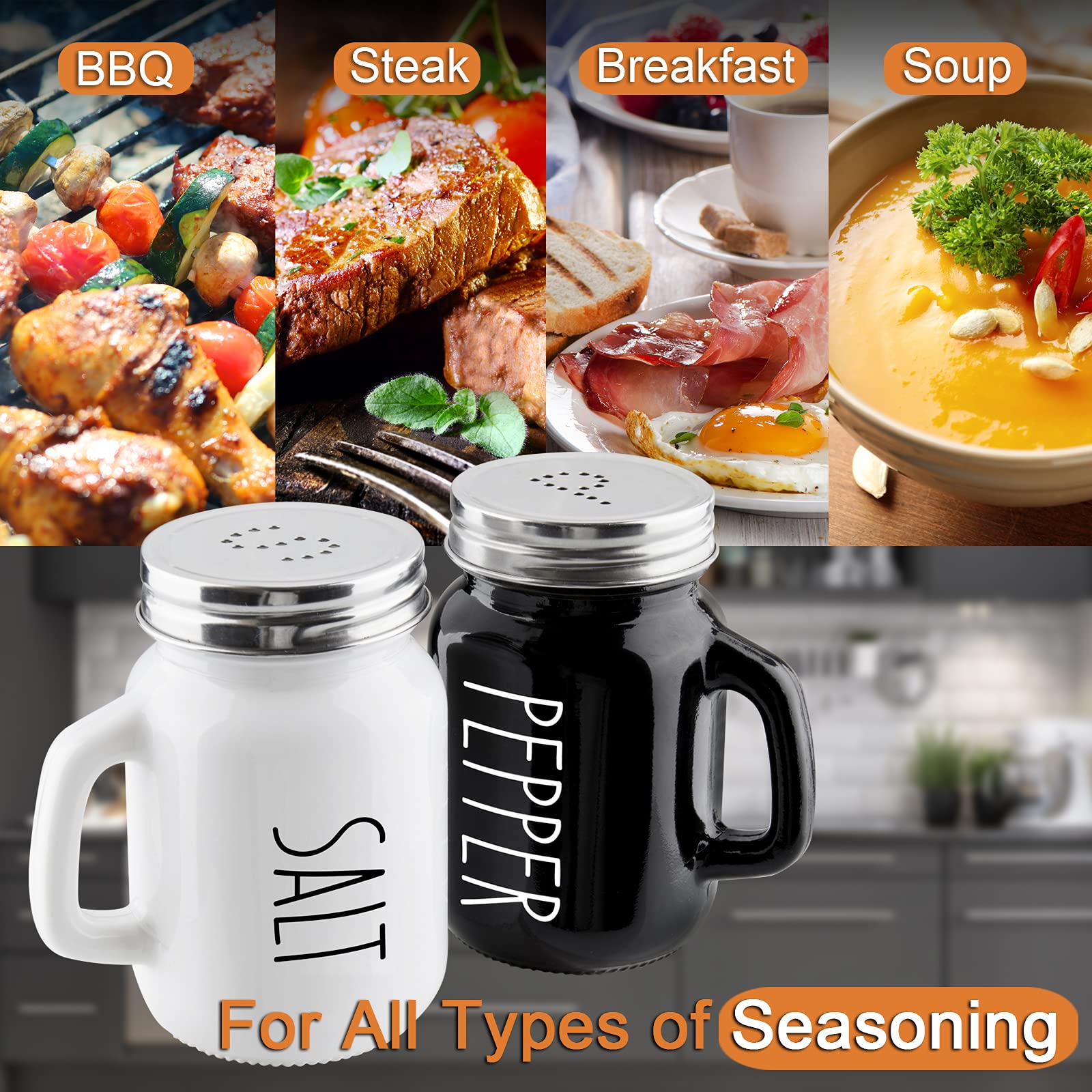 Salt And Pepper Shakers Set, Zosujo 4 Oz Cute Salt Pepper Shaker, Kitchen Decor For Home Restaurants Wedding, Glass Black White