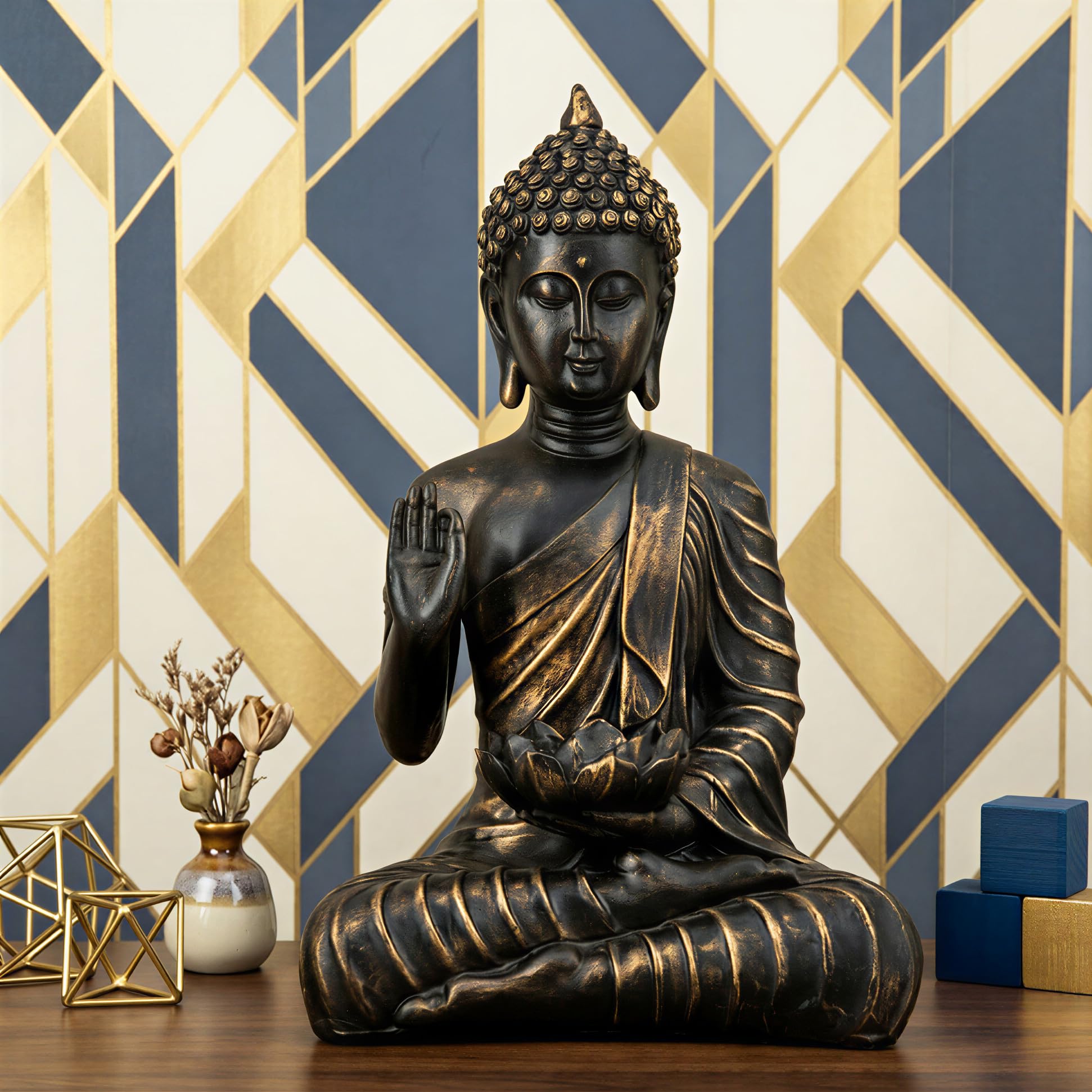 Heeran Art New Meditating Sitting Buddha Statue Showpiece Idol Home Decor Items For Living Room And Gifts (Antique Golden, Mediu