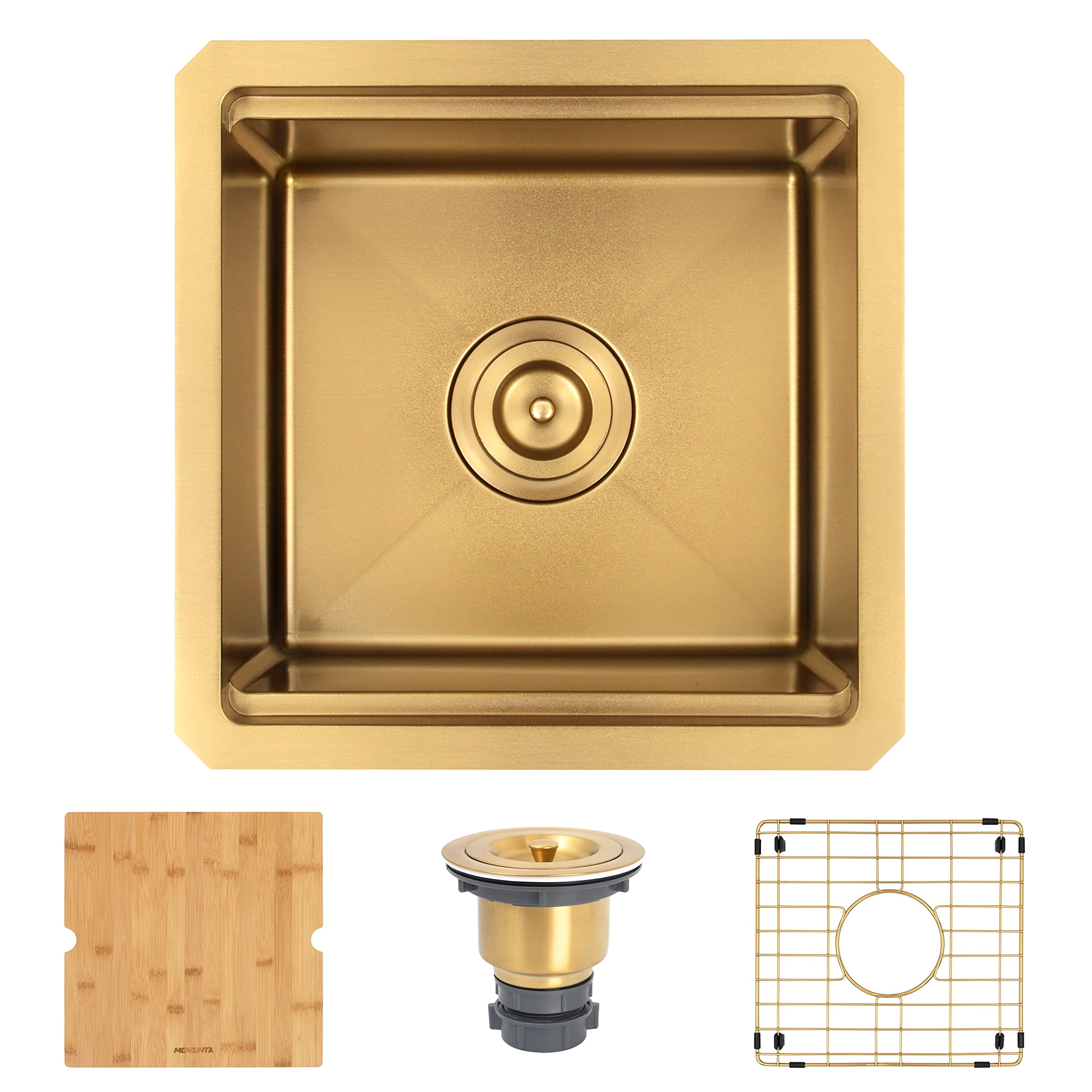 MONSINTA Gold Bar Sink, Undermount Bar Sink, 15 x 15 Small Single Bowl Bar Sink, RV Sink, 16 Gauge Stainless Steel Kitchen Sink 