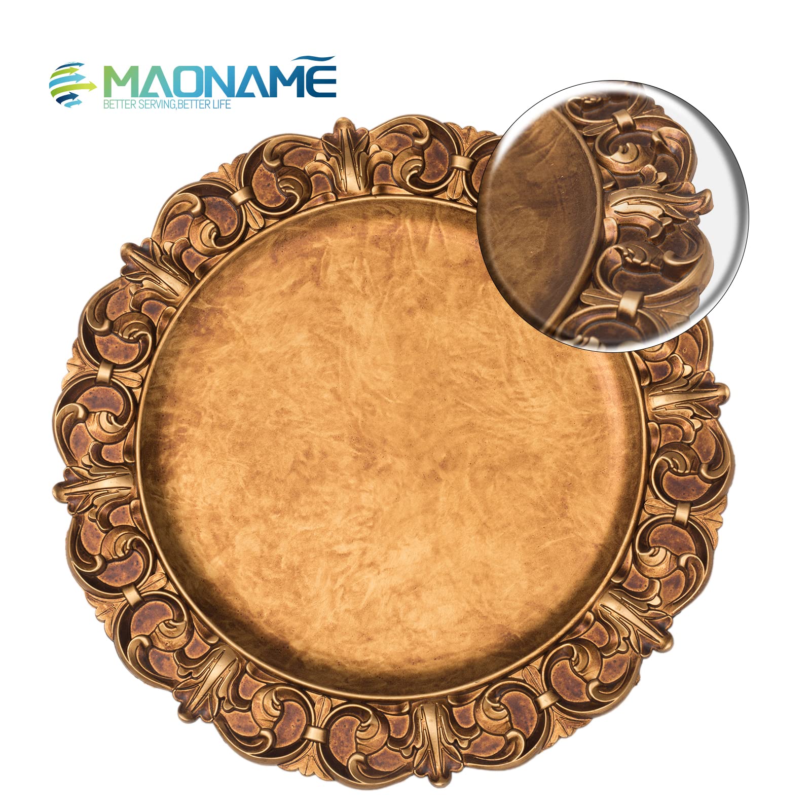 Maoname 14'' Antique Gold Charger Plates With Embossed Rims, Set Of 6, Plastic Plate Chargers For Dinner Plates, Table Setting