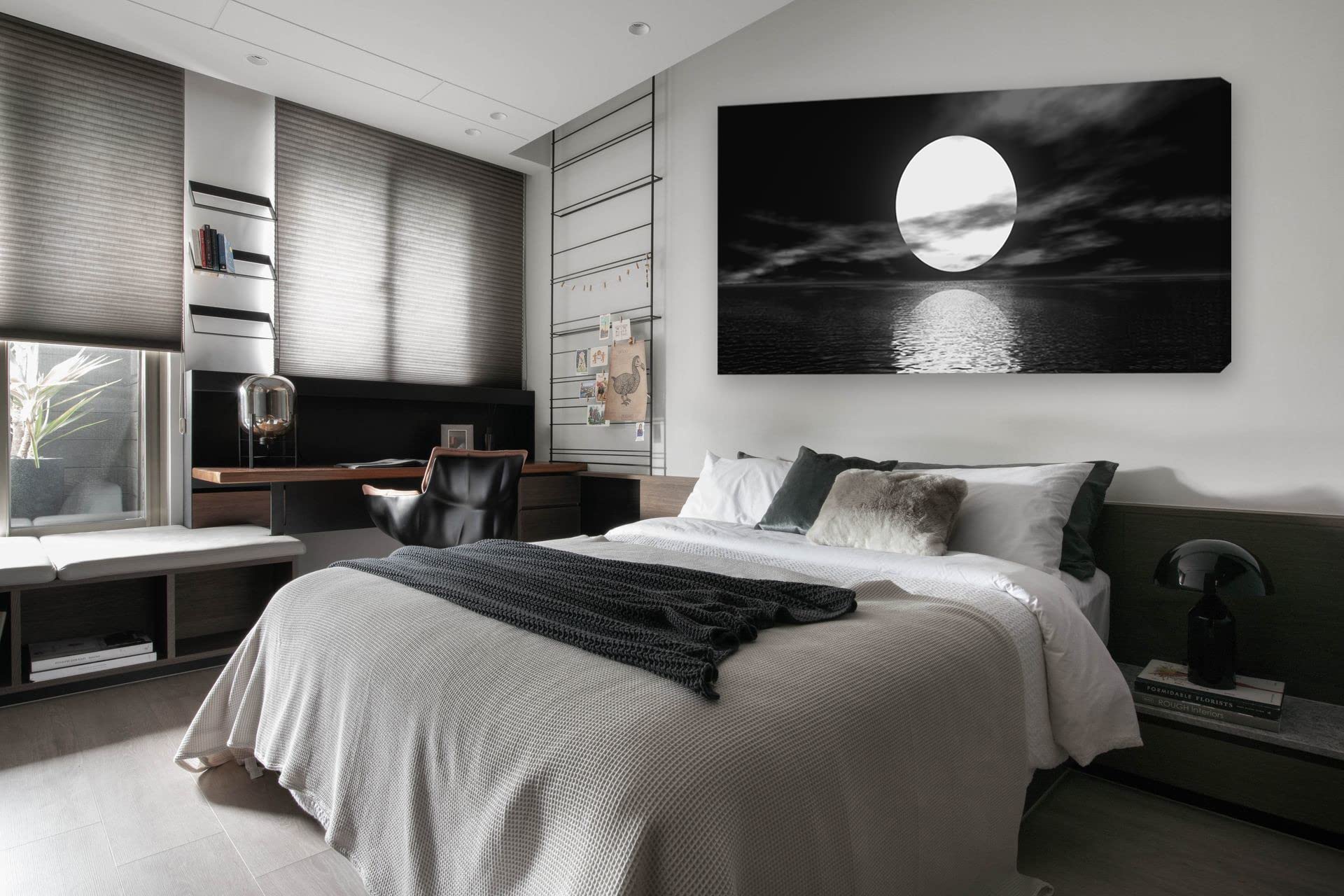 Cao Gen Decor Art S06475 Wall Art Canvas Sea White Full Moon in Night Picture Canvas Poster Print Black and White Ocean for Living Room Bedroom Kitchen Home Decorations Framed Artwork