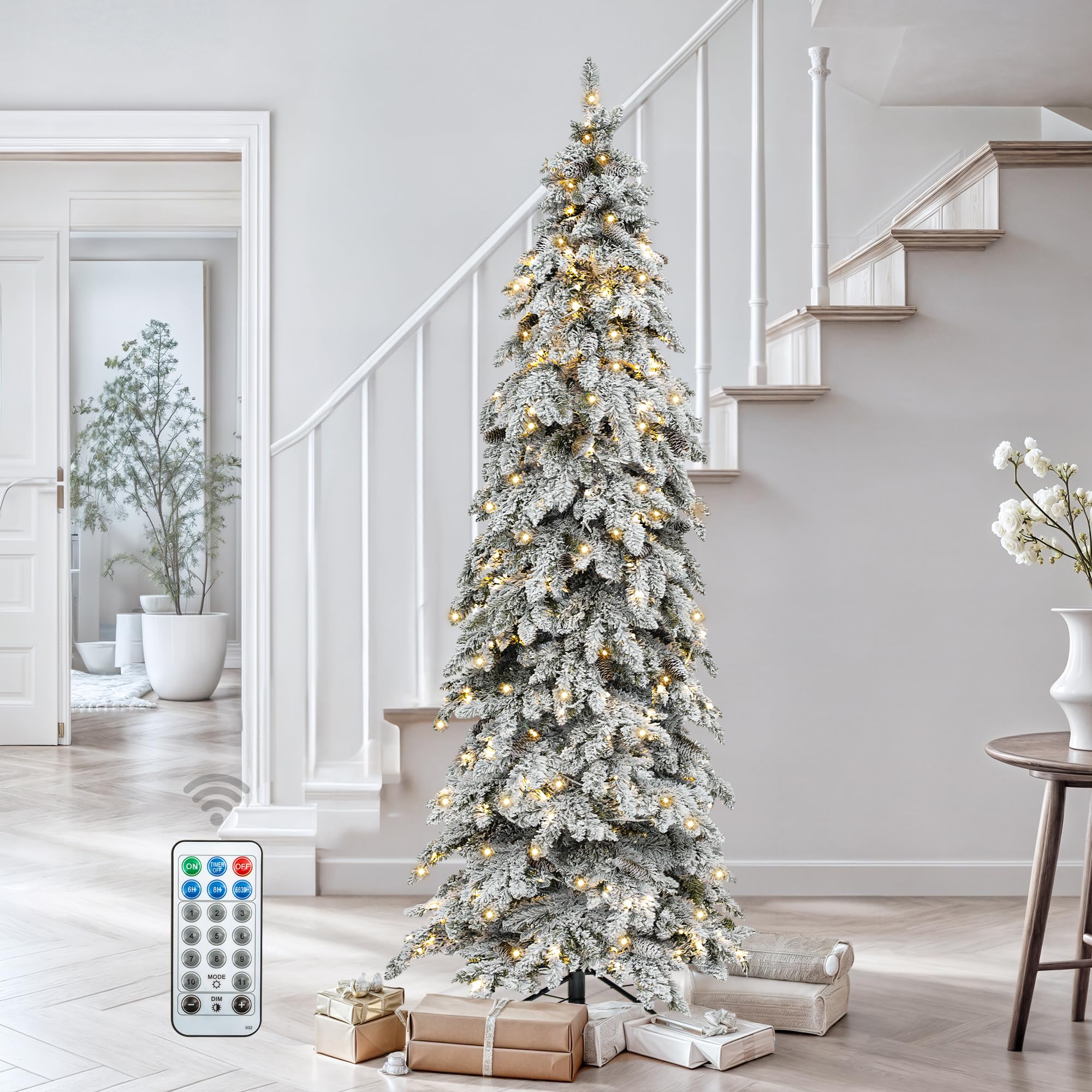 DWVO Pre-Lit Flocked Slender Spruce Artificial Christmas Tree Adorned with 72 Pine Cones, 11 FT Authentic Layered Christmas Tree