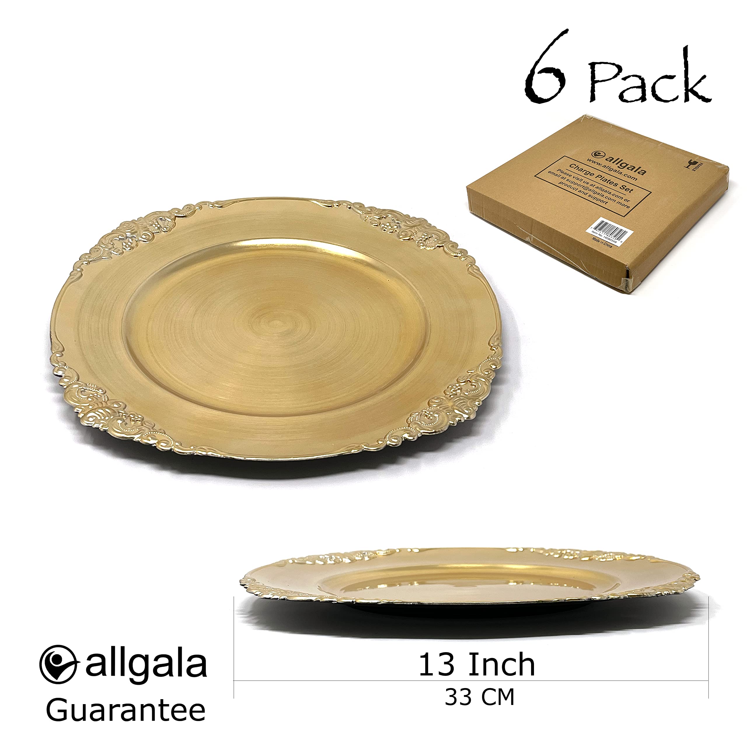 allgala 13-Inch 6-Pack Heavy Quality Round Charger Plates-Floral Gold-HD80383
