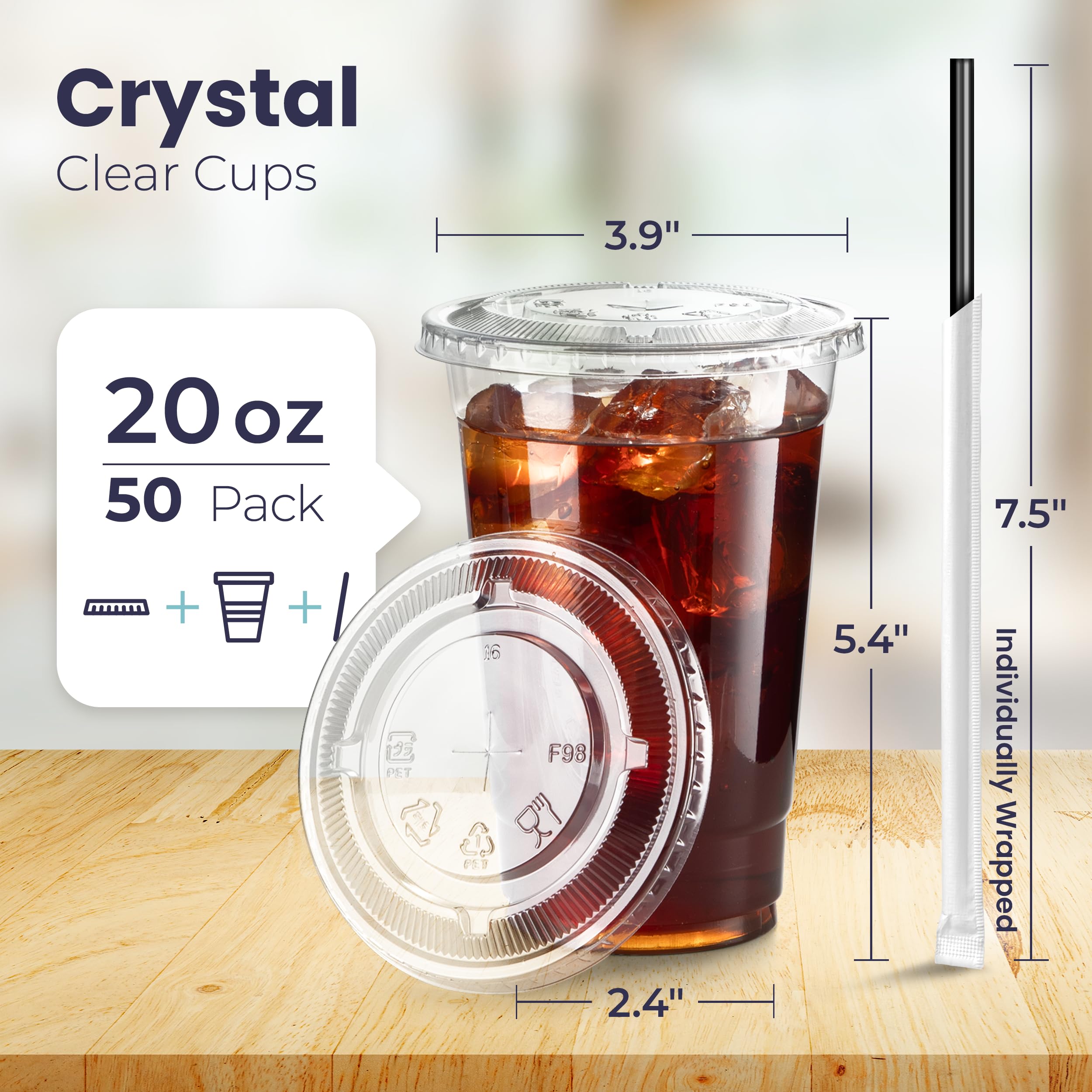 [100 Pack] 20 oz Clear Plastic Cups with Flat Lids and Black Straws  Disposable Iced Coffee Cups  BPA Free Crystal Lemonade Cup for Party  Smoothie  Cold Drinks  Juice  Milkshake  Bubble Boba  Tea