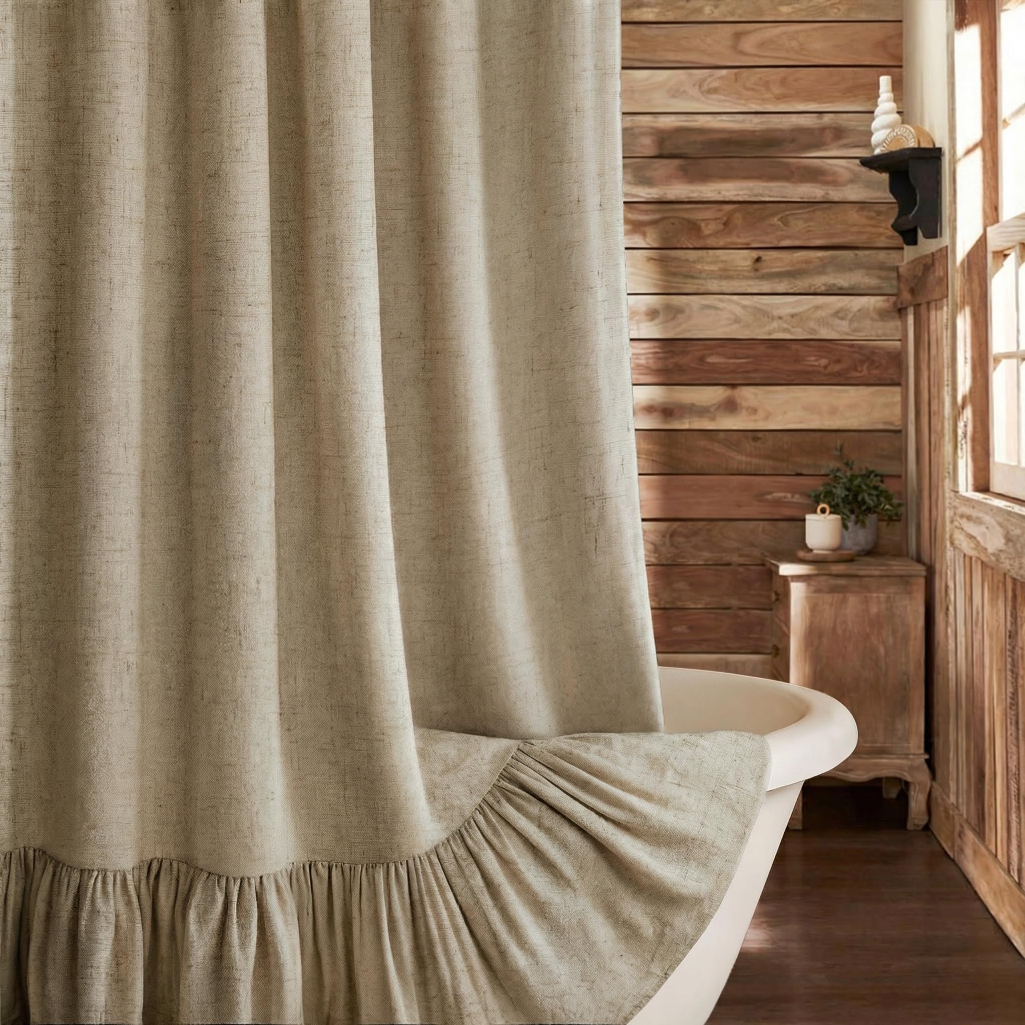 Xoguibo Farmhouse Shower Curtain With Ruffle Hem Linen Flax Khaki Shower Curtains For Bathroom Country Vintage Rustic Natural Fa