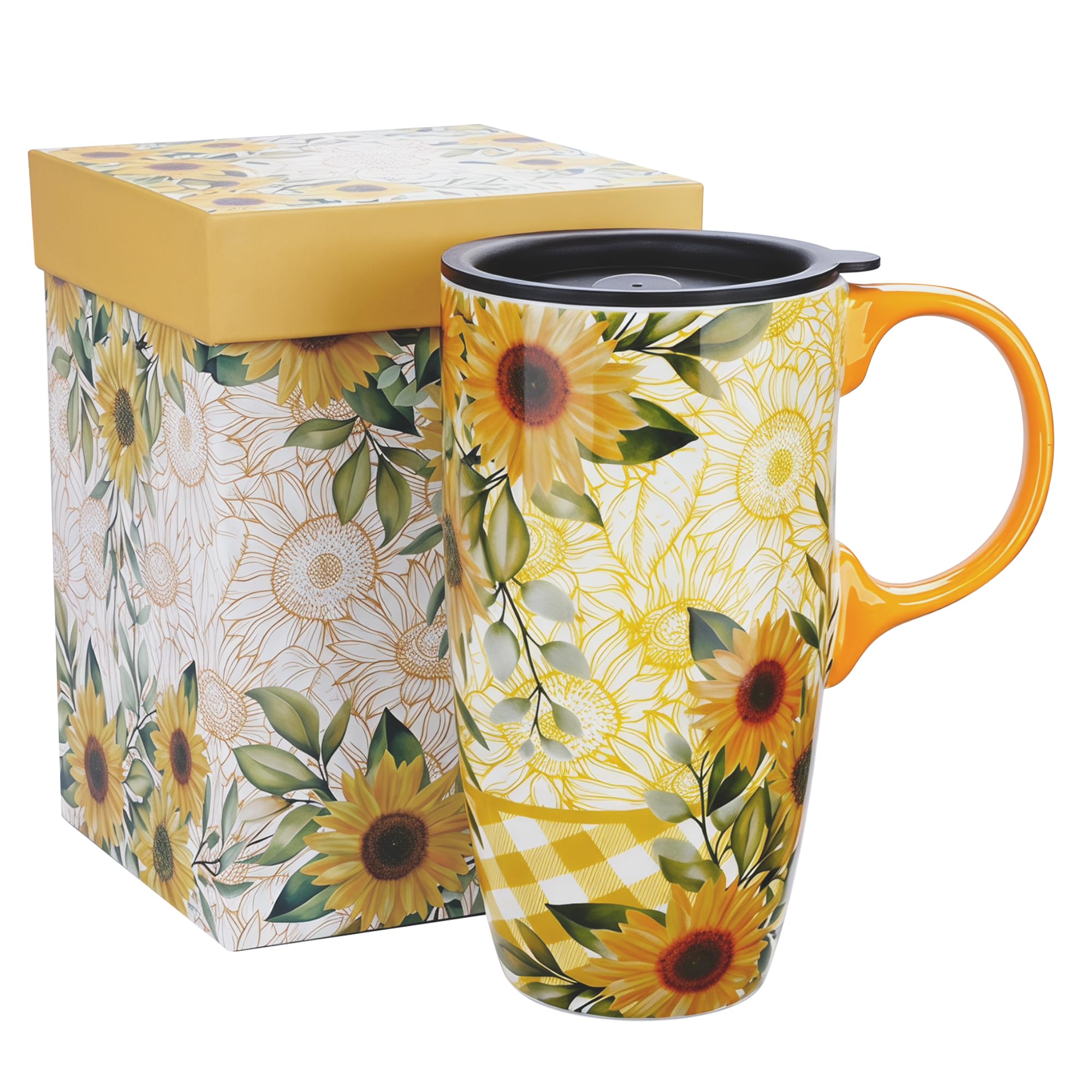Topadorn 17oz Sunflower Ceramic Travel Mug with Handle, Vintage Gingham
