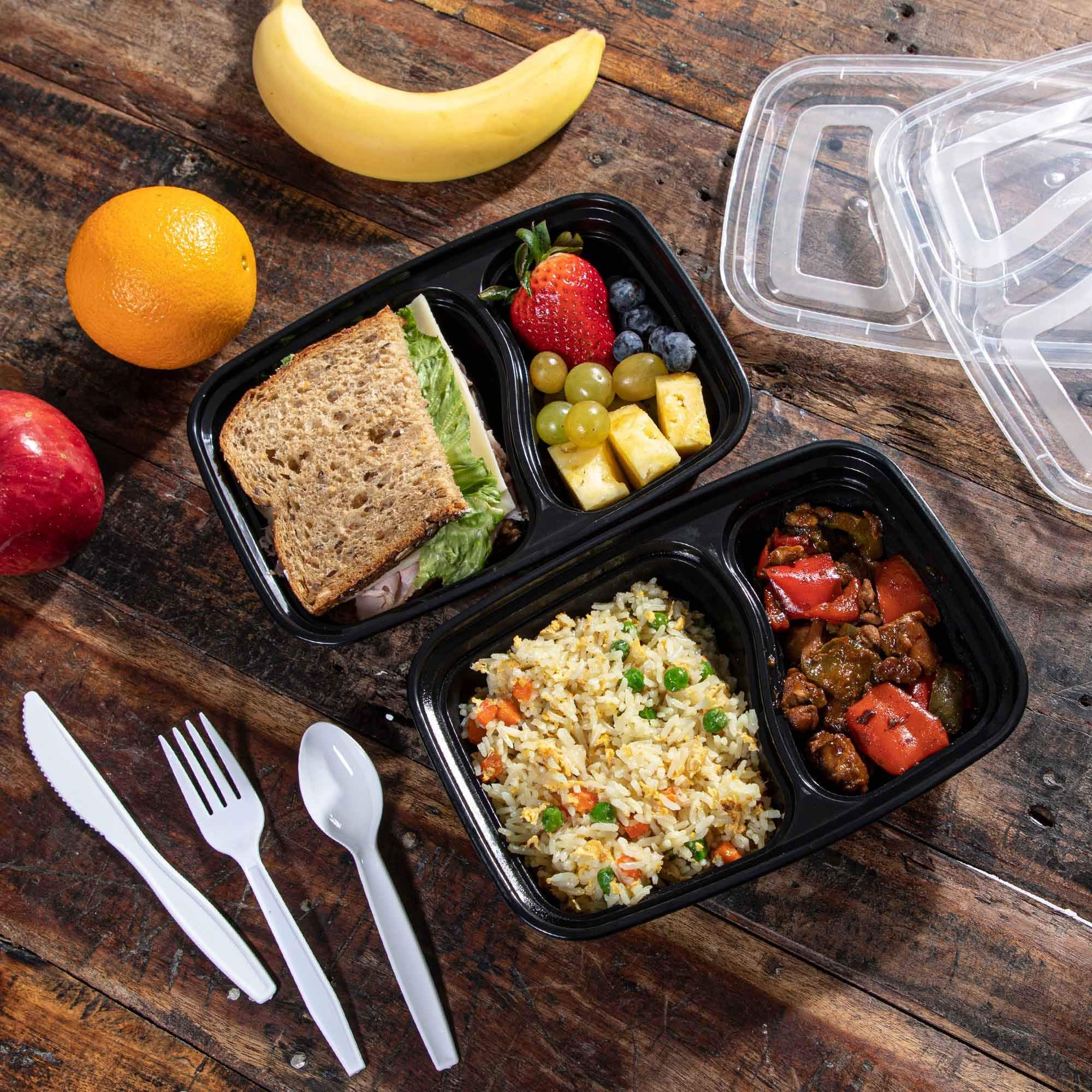 SafeWare 28oz Reusable Meal Prep Container - 2 Compartment, Clear/Black, Microwave & Dishwasher Safe, 25 Sets