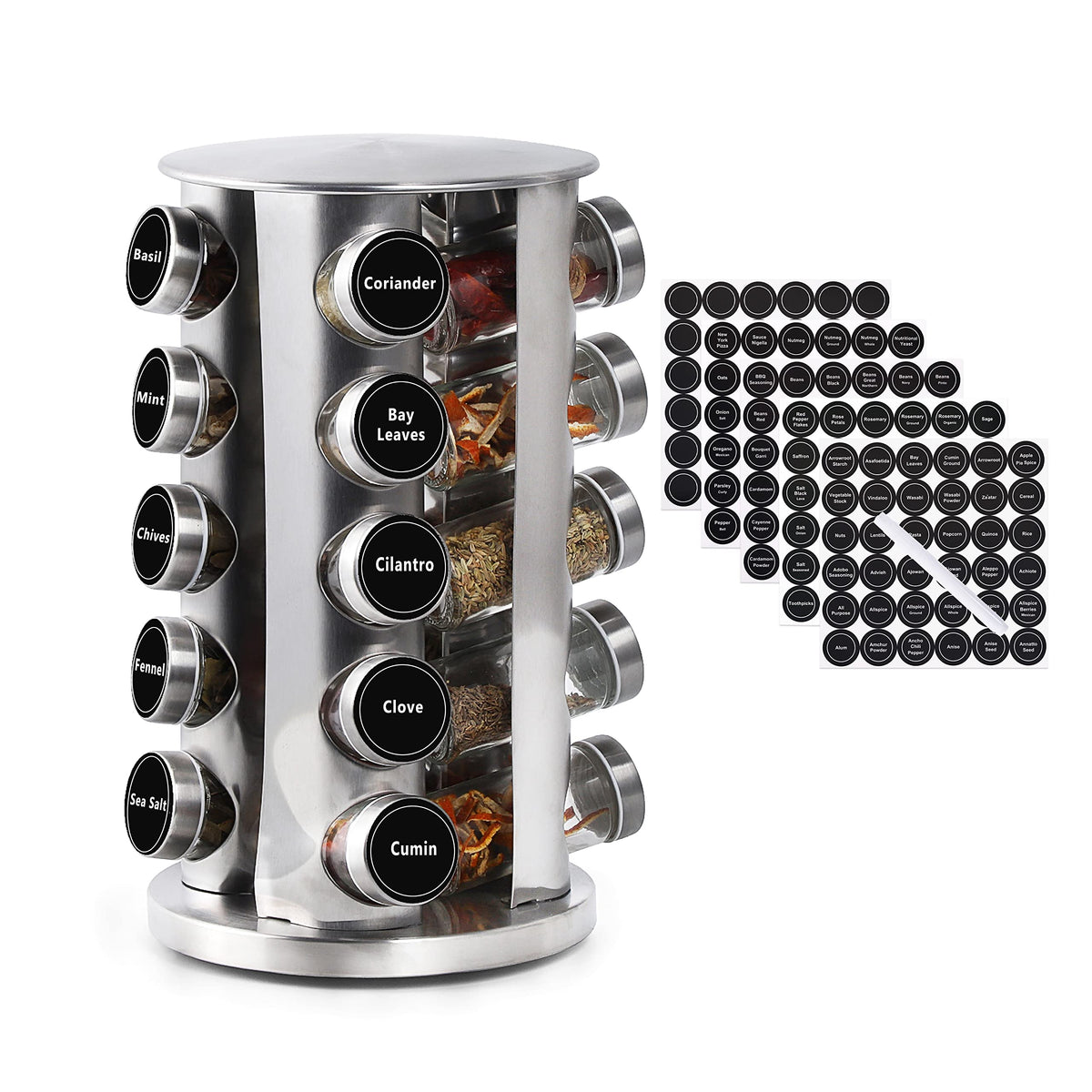 DOUBLE 2 C Revolving Spice Rack with 20 Jars, Rotating Spice Rack Organizer, Seasoning Organizer with Labels, Stainless Steel Sp