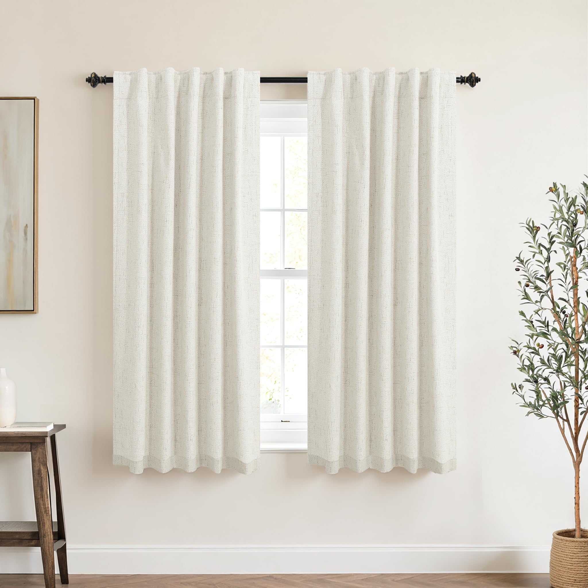 KOUFALL Cream Beige Back Tab Linen Blackout Curtains for Kitchen 36 by 45 Inch Length