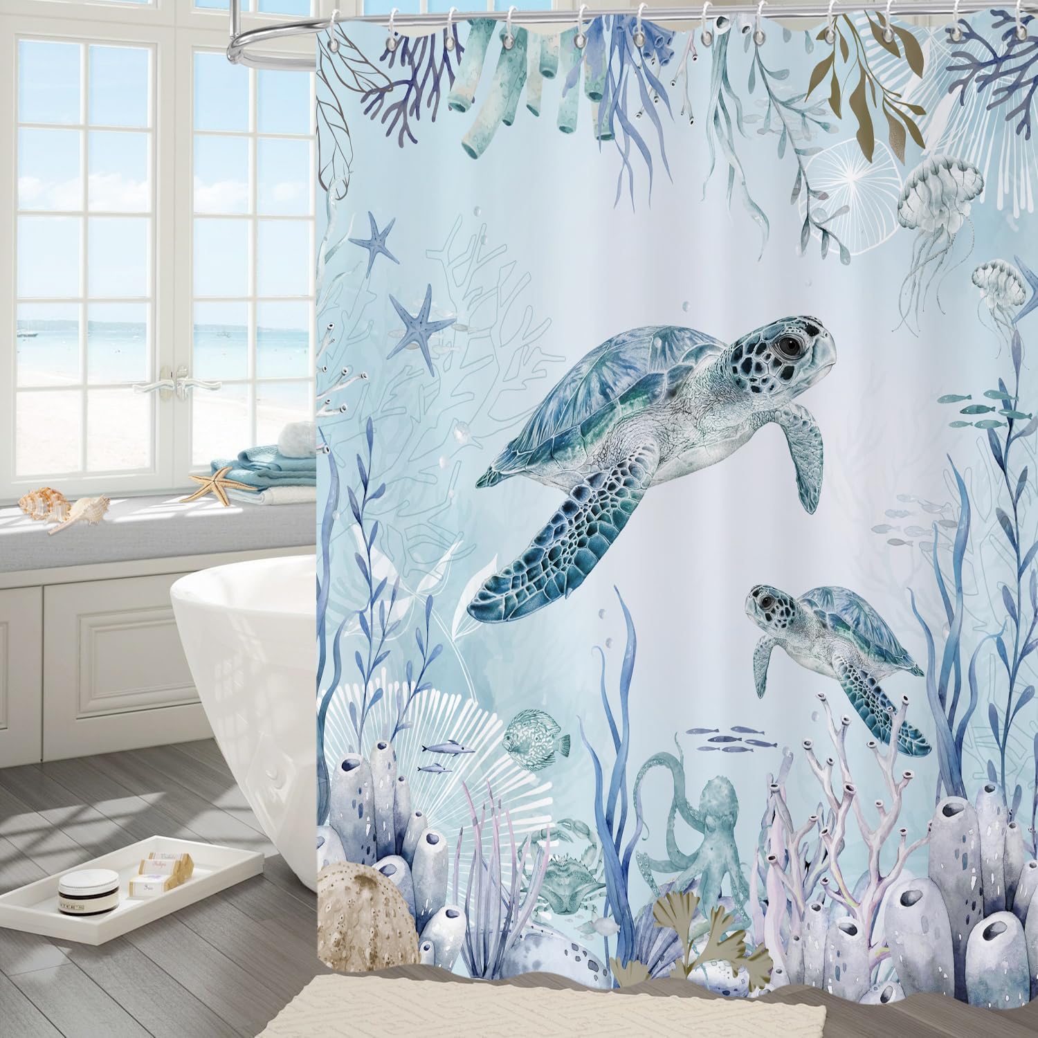 Caheansi Sea Turtle Shower Curtain, Teal Blue Ocean Beach Coastal Turtle Starfish Jellyfish Underwater Creatures Bathroom Curtai