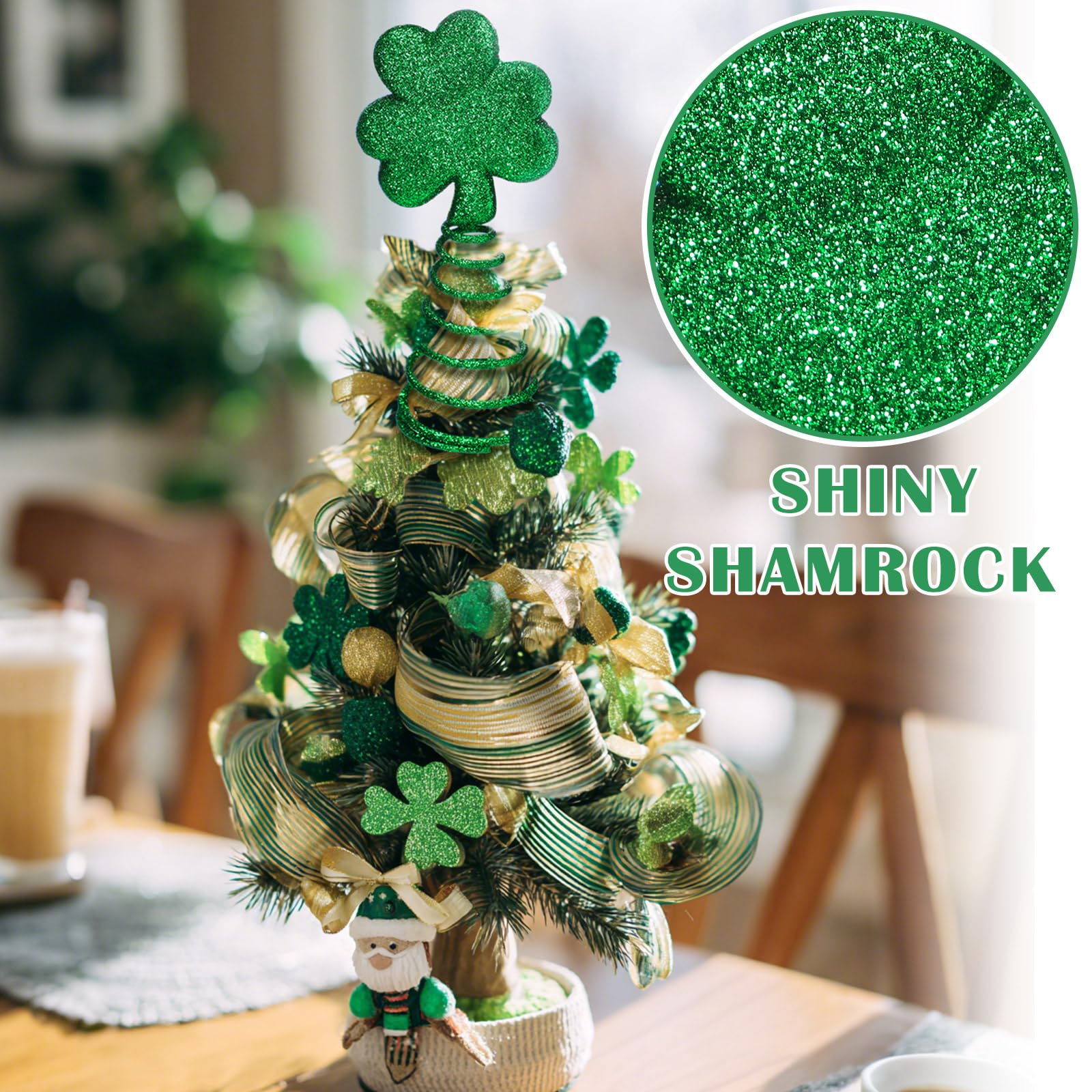 St. Patrick Day Mini Tree Topper St. Patricks 6 Inch Miniature Shamrock Christmas Tree Topper, Irish Green Decoration for Holid