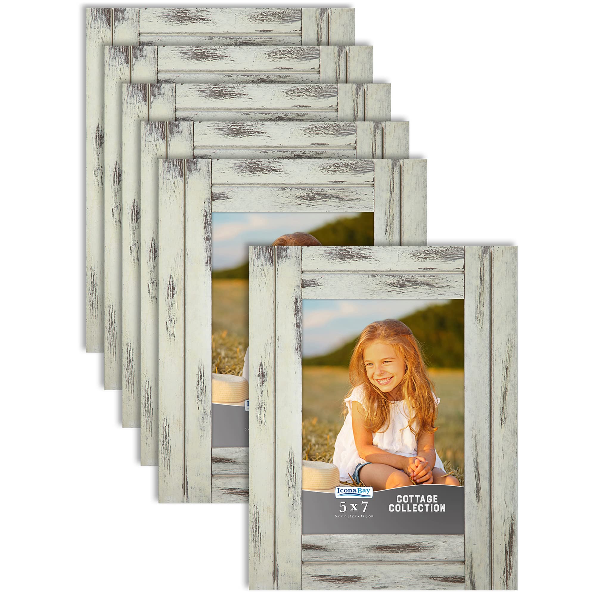 Icona Bay 5x7 (13x18 cm) Picture Frames (Creamery White, 6 Pack), Rustic Picture Frame Set, Natural Real Wood Frames, Cottage Co