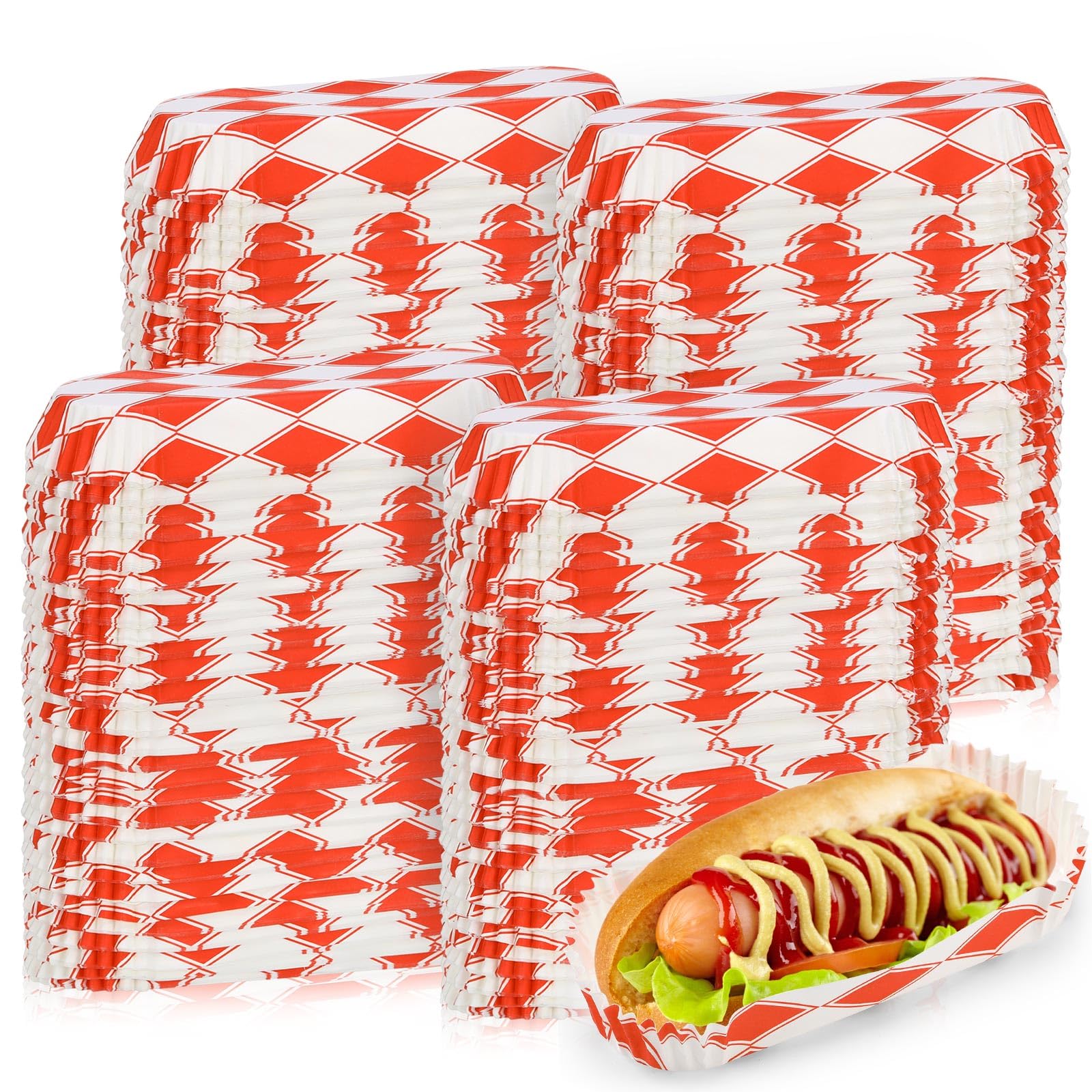 Yinkin 300 Pcs Christmas Hot Dog Trays Disposable Hot Dog Holder Paper Hotdog Boats Diamond Grid Red Design 6 Inch Food Trays Co