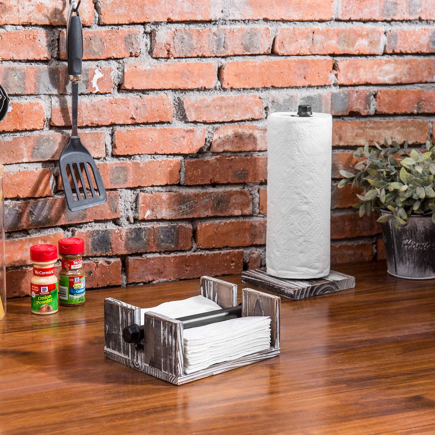 Mygift Torched Wood And Industrial Metal Paper Towel And Napkin Holder Set, Countertop Paper Towel Holder And Flat Napkin Holder