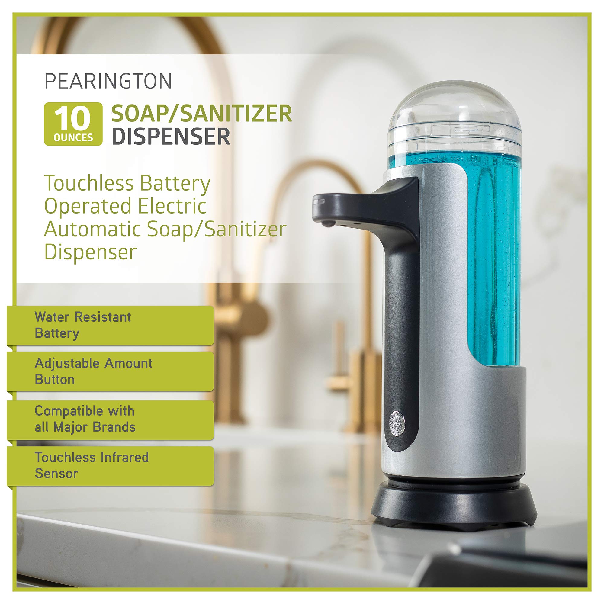Pearington Premium Touchless Electric Automatic Soap And Sanitizer Dispenser, Battery Operated, Silver, 10Oz, 1Pk