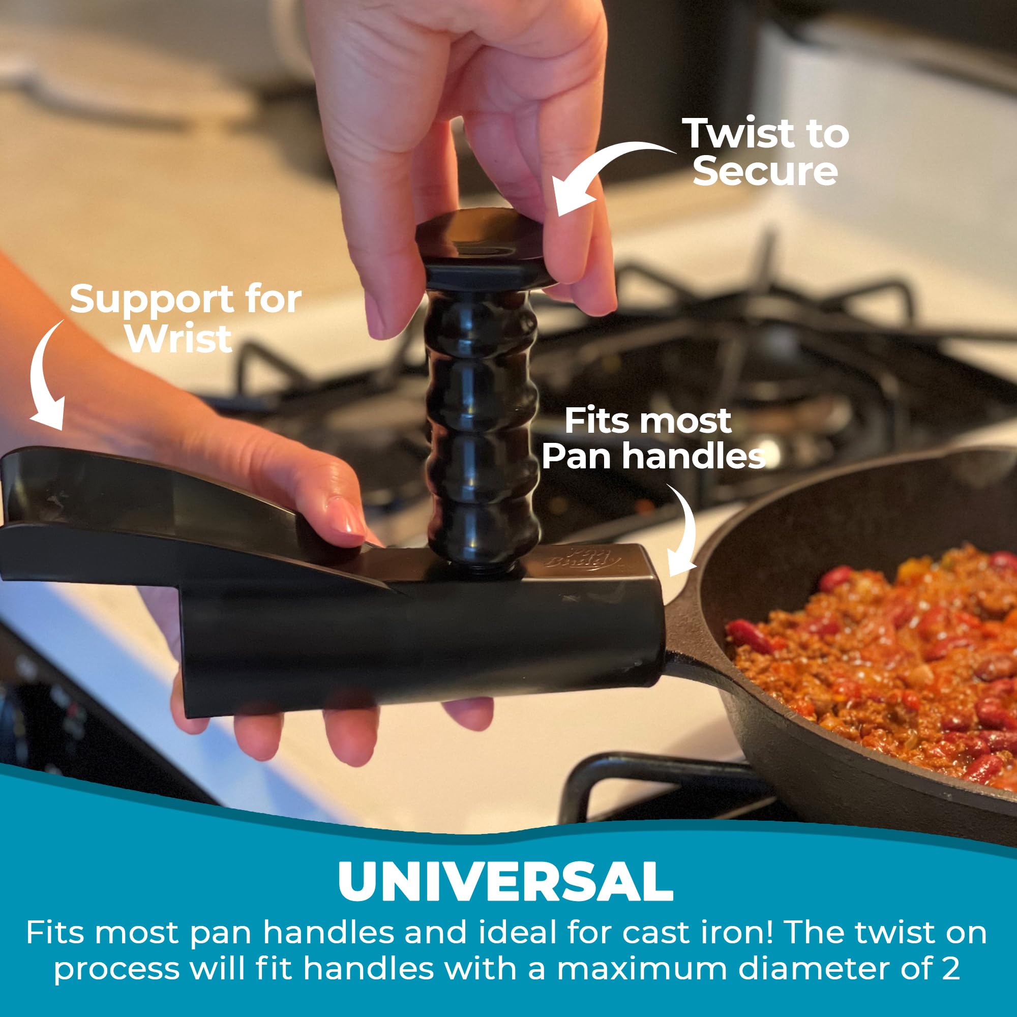 Pan Buddy- Vertical Attachment For Pan Handle- Adds Leverage And Support- Makes Lifting Heavy Cookware Easier! (Black)