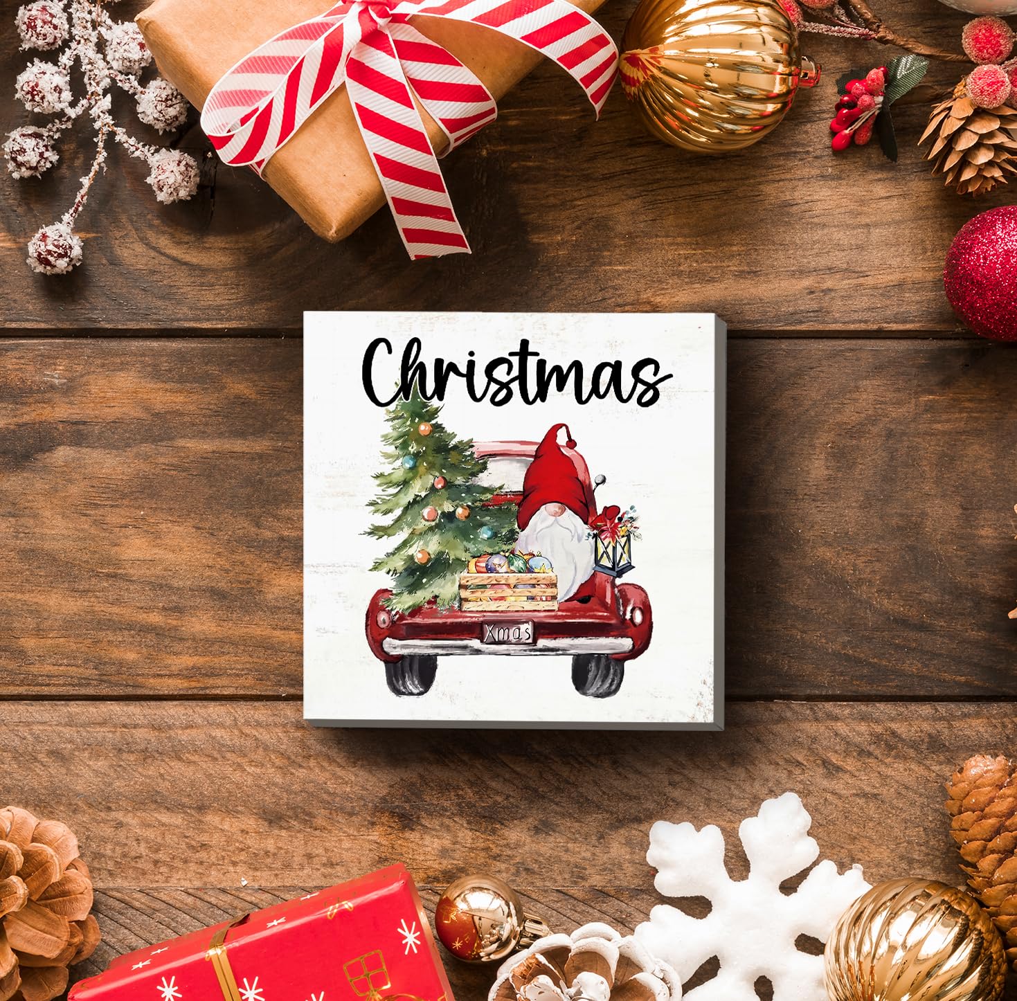 XDFVL Gnome Christmas Decorations Wooden Box Sign Desk Decor, Red Truck With Gnome, Christmas Gnomes Decorations Indoor, Christm