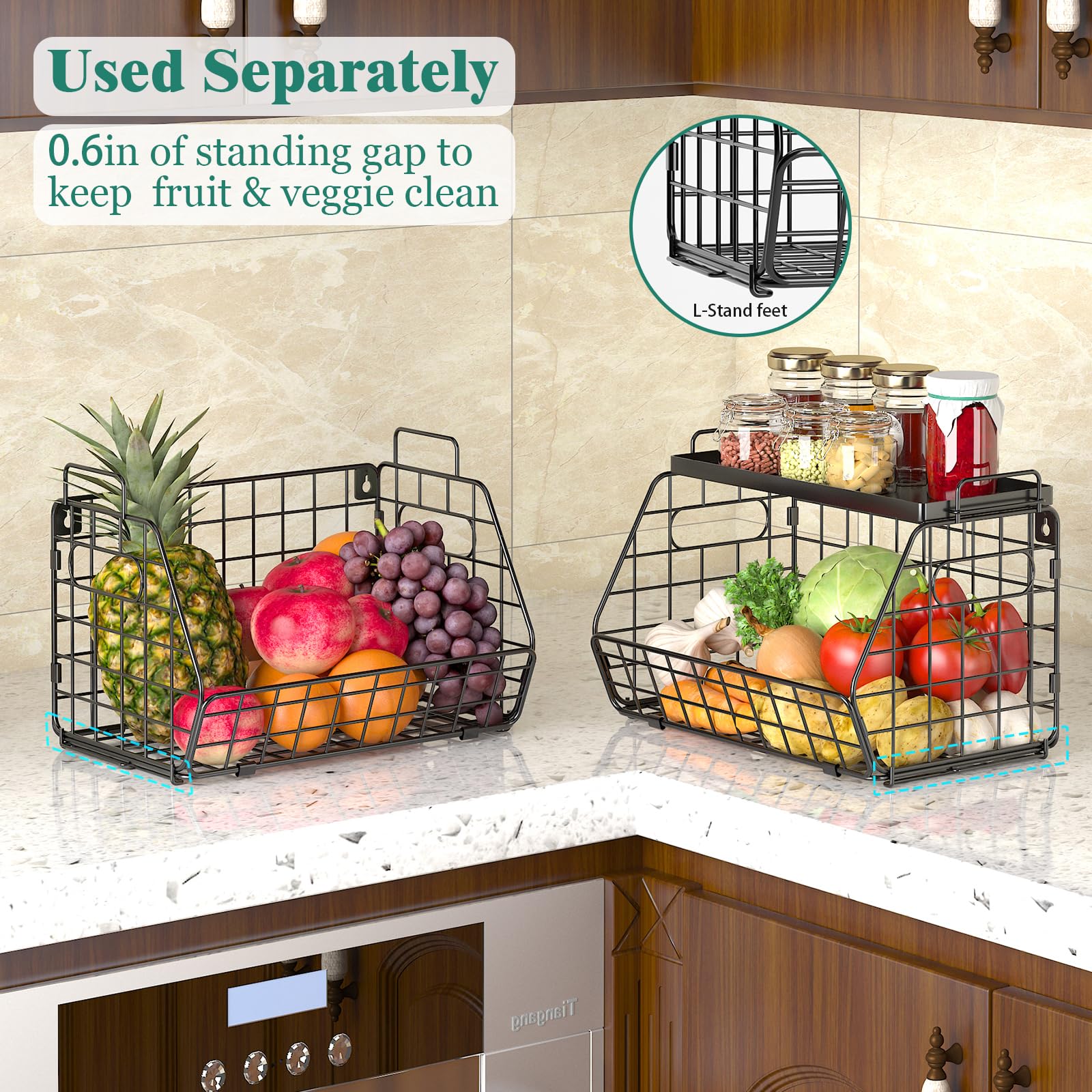 Chloryard 3-Tier Stackable Fruit Basket Kitchen Potato Onion Storage Wire Baskets With Tray Top, Wall-Mounted & Countertop Tiere