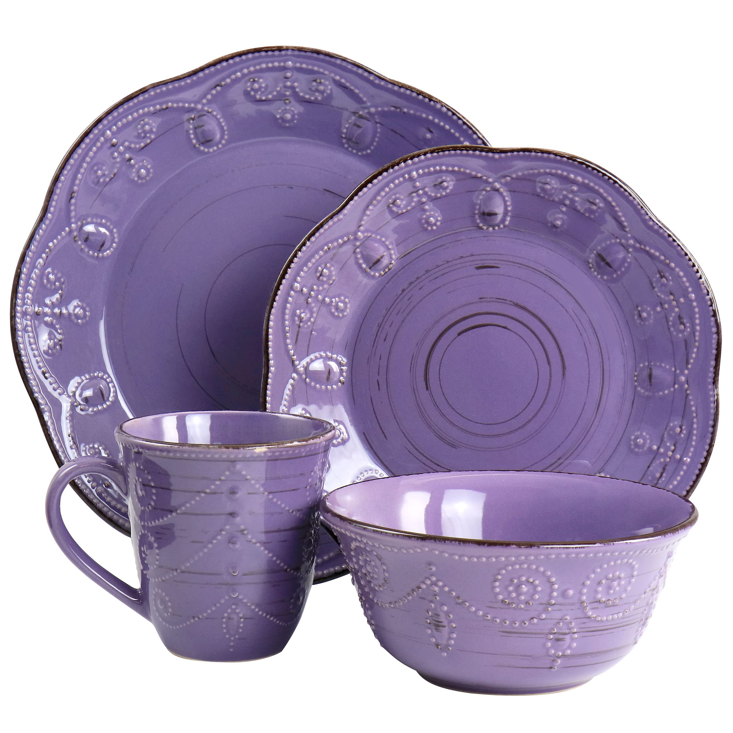 Elama Rustic Birch 16 Piece Stoneware Dinnerware Set in Purple, Purple with Brown Accents, (EL-RUSTICBIRCH)