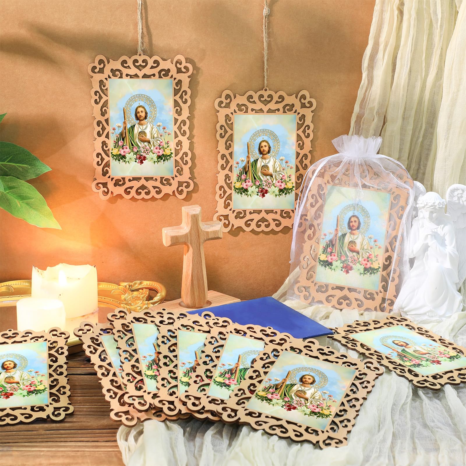 Quelay 24 Pcs Catholic Saint Jude Wooden Picture Frames with Organza Gift Bags Baptism Favors for Guests First Communion Christe
