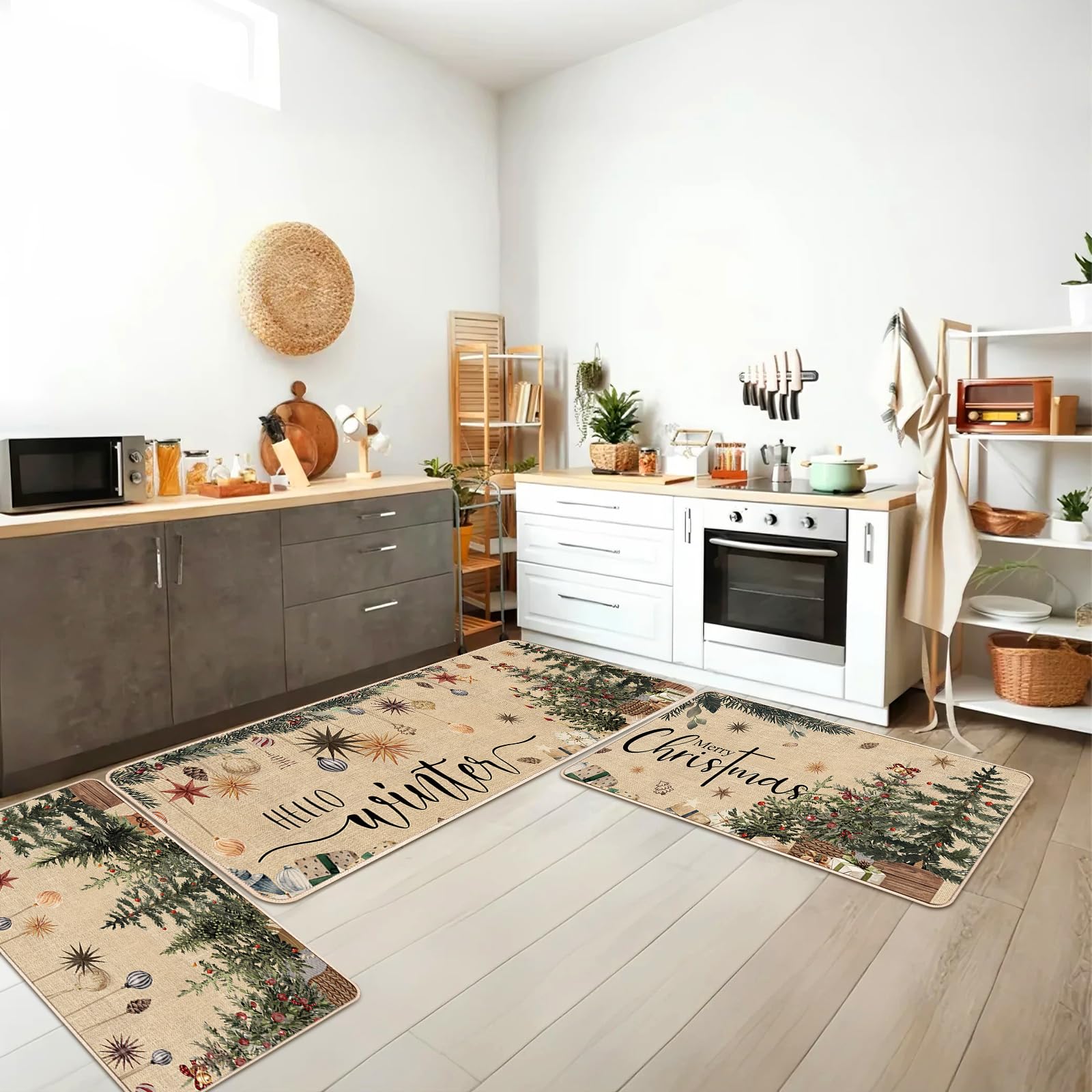 Drydiet 3 Pcs Christmas Kitchen Rug and Mats Beige Winter Kitchen Floor Mat Anti Fatigue Non Slip Xmas Tree Doormat Neutral Mode