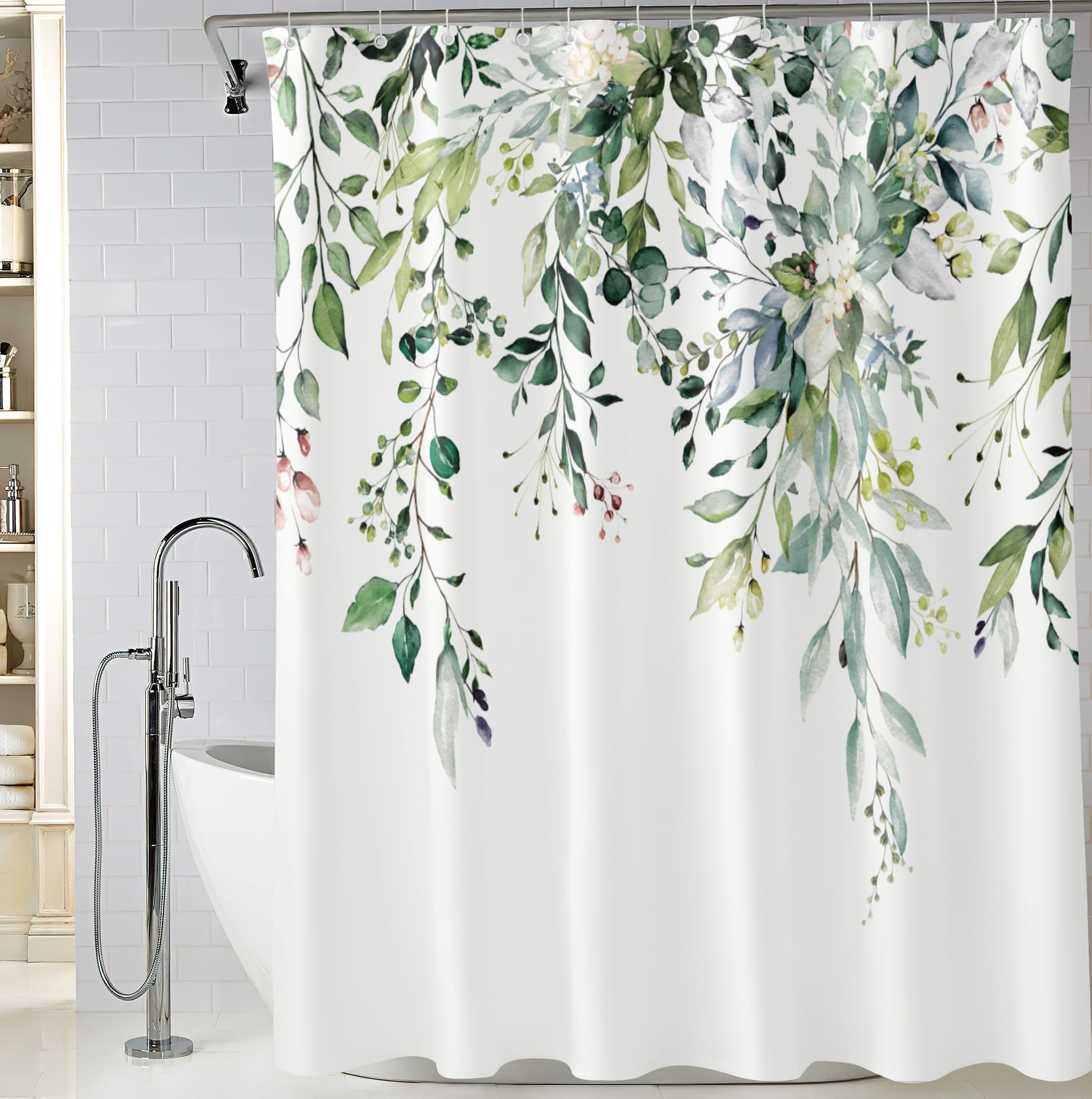 Bivinar Green Eucalyptus Leaves Shower Curtain, Watercolor Plant Floral Bathroom Shower Curtain, Fabric Waterproof Botanical Sho