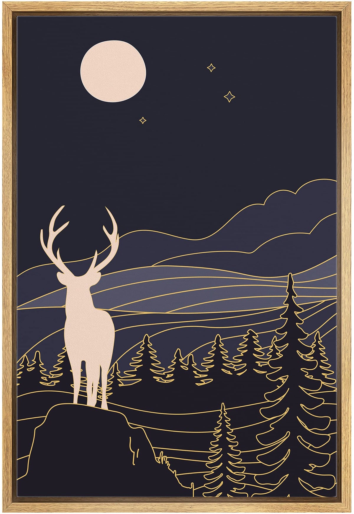 Idea4Wall Framed Canvas Print Wall Art Deer In The Golden Blue Night Forest Animals Wildlife Illustrations Modern Art Farmhouse/