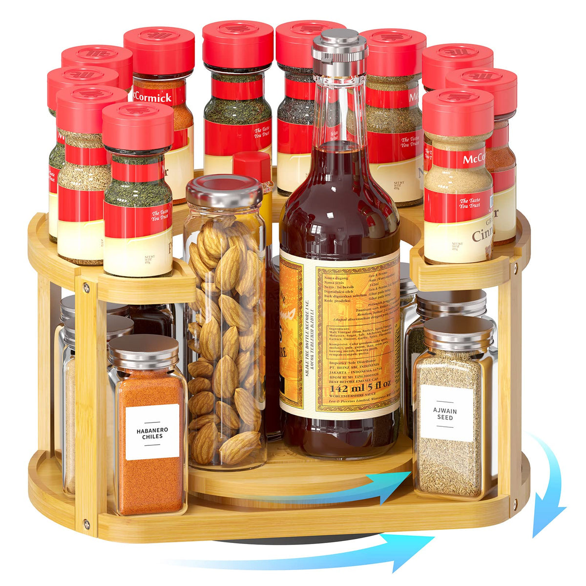 Spaceaid 2 Tier Bamboo Spice Rack Organizer, Lazy Susan Turntable For Cabinet, Home Kitchen Spices Spinning Rotating Shelf Racks