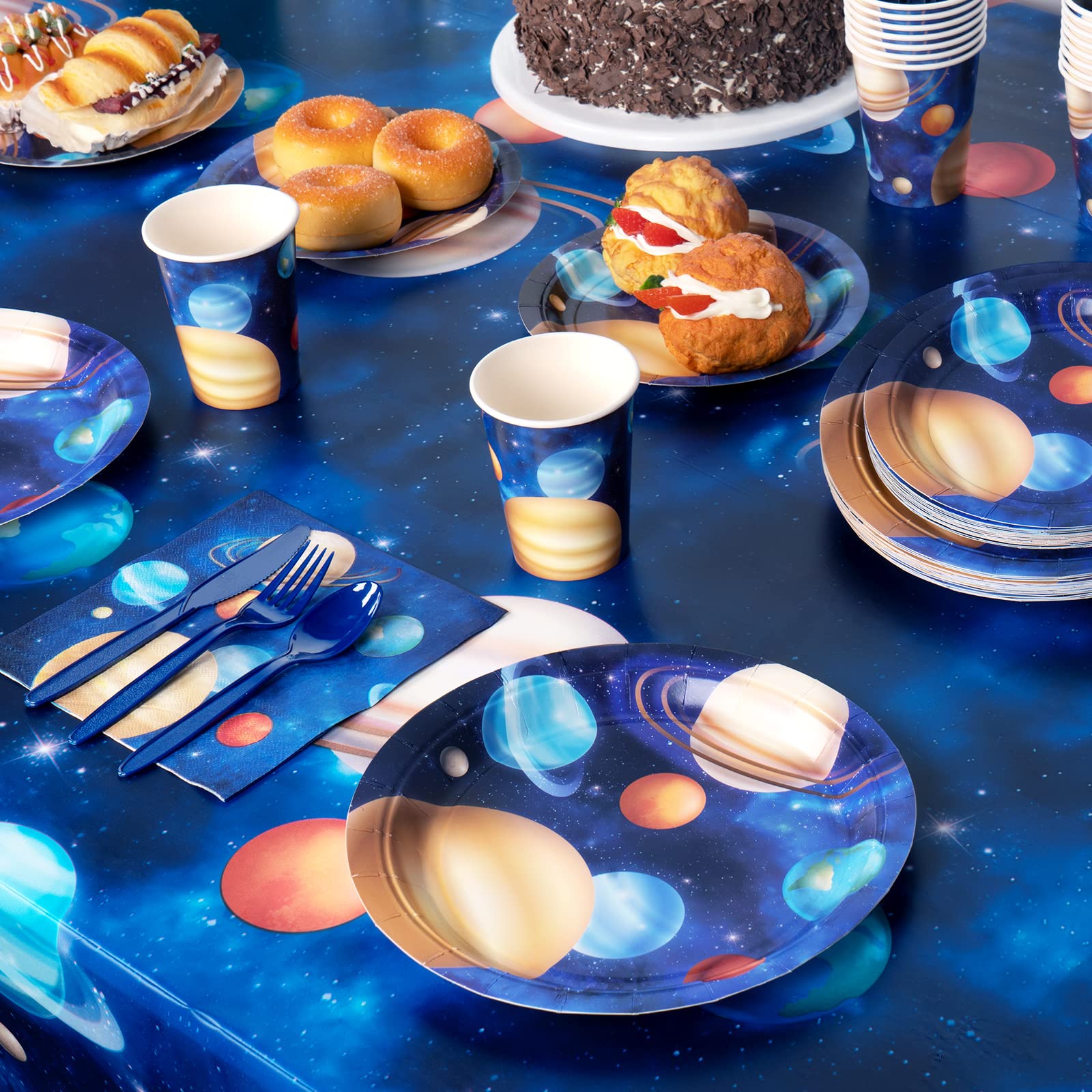 Decorlife Space Themed Party Supplies Serve 24, Outer Space Party Decorations For Boys, Planet Plates Napkins Forks For Space So