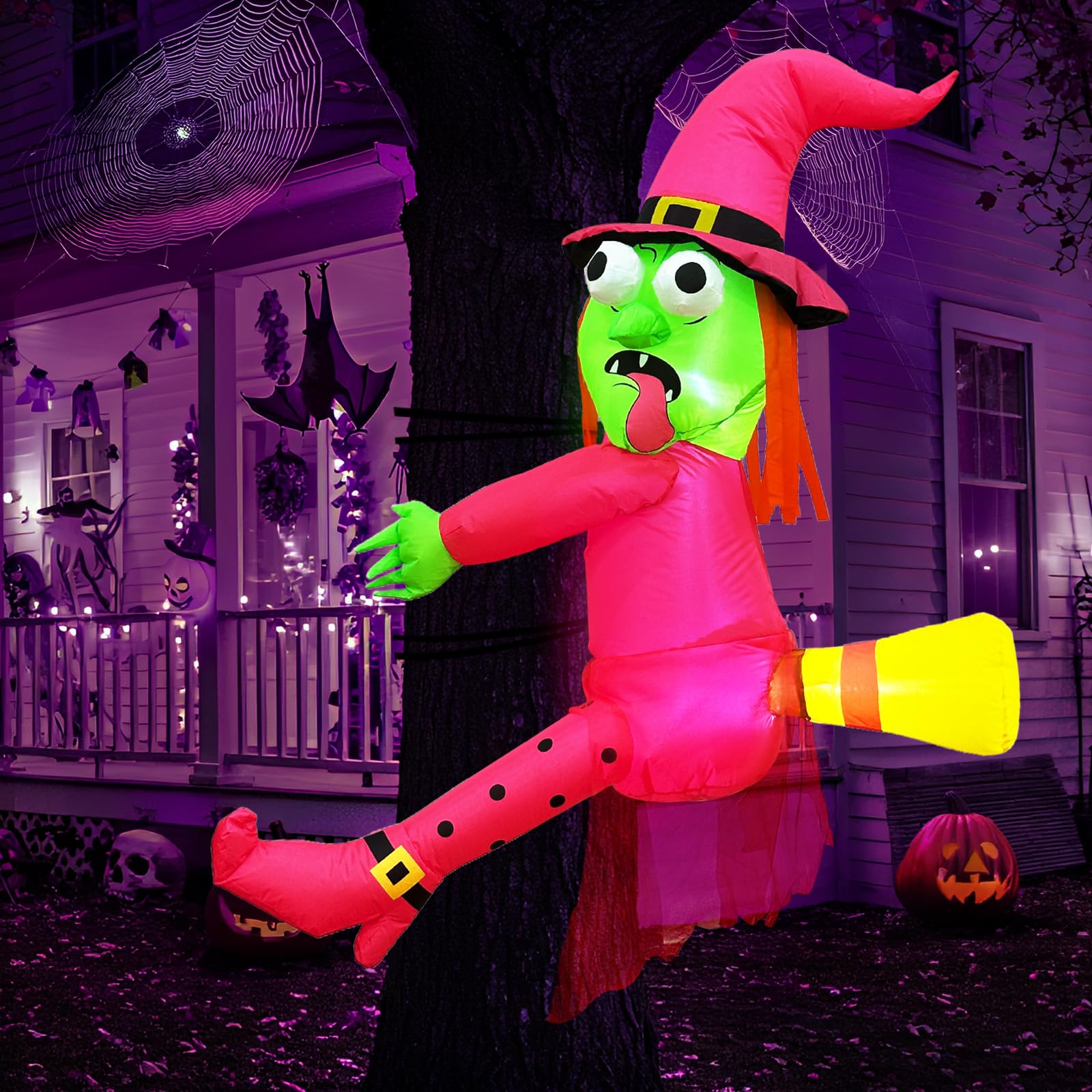 Fayavoo 4FT Halloween Inflatables Witch Outdoor Decoration, Funny Blow Ups Witch Crashing into Tree, Pink Halloween Yard Dec or 