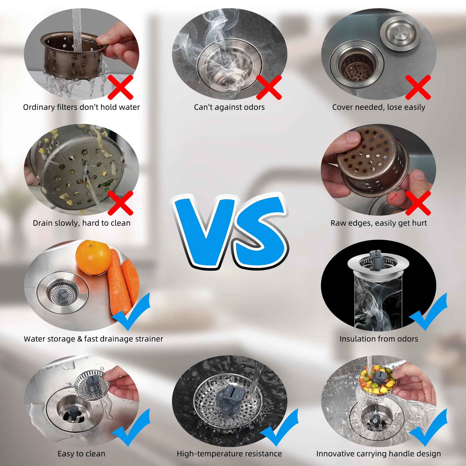 Hibbent 3 In 1 Kitchen Sink Drain Strainer, Stainless Steel Drain Stopper Combo, Pop Up Sink Stopper, Anti-Clogging Metal Basket