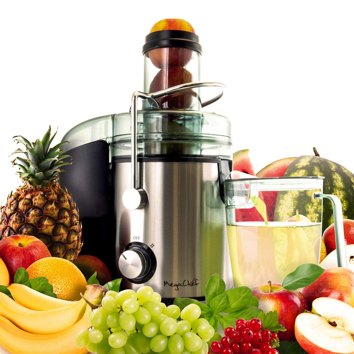 Megachef Wide Mouth Extractor Juice Machine With Dual Speed Centrifugal Stainless Steel Juicer, 3.5 Cup, Chrome Silver