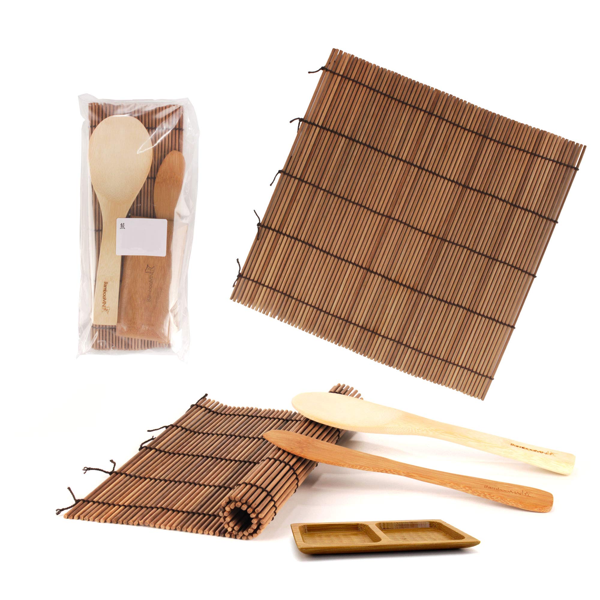 Bamboomn Sushi Making Kit 2X Carbonized Bamboo Rolling Mats, 1X Rice Paddle, 1X Spreader And 1X Compartment Sauce Dish | 100% Ba