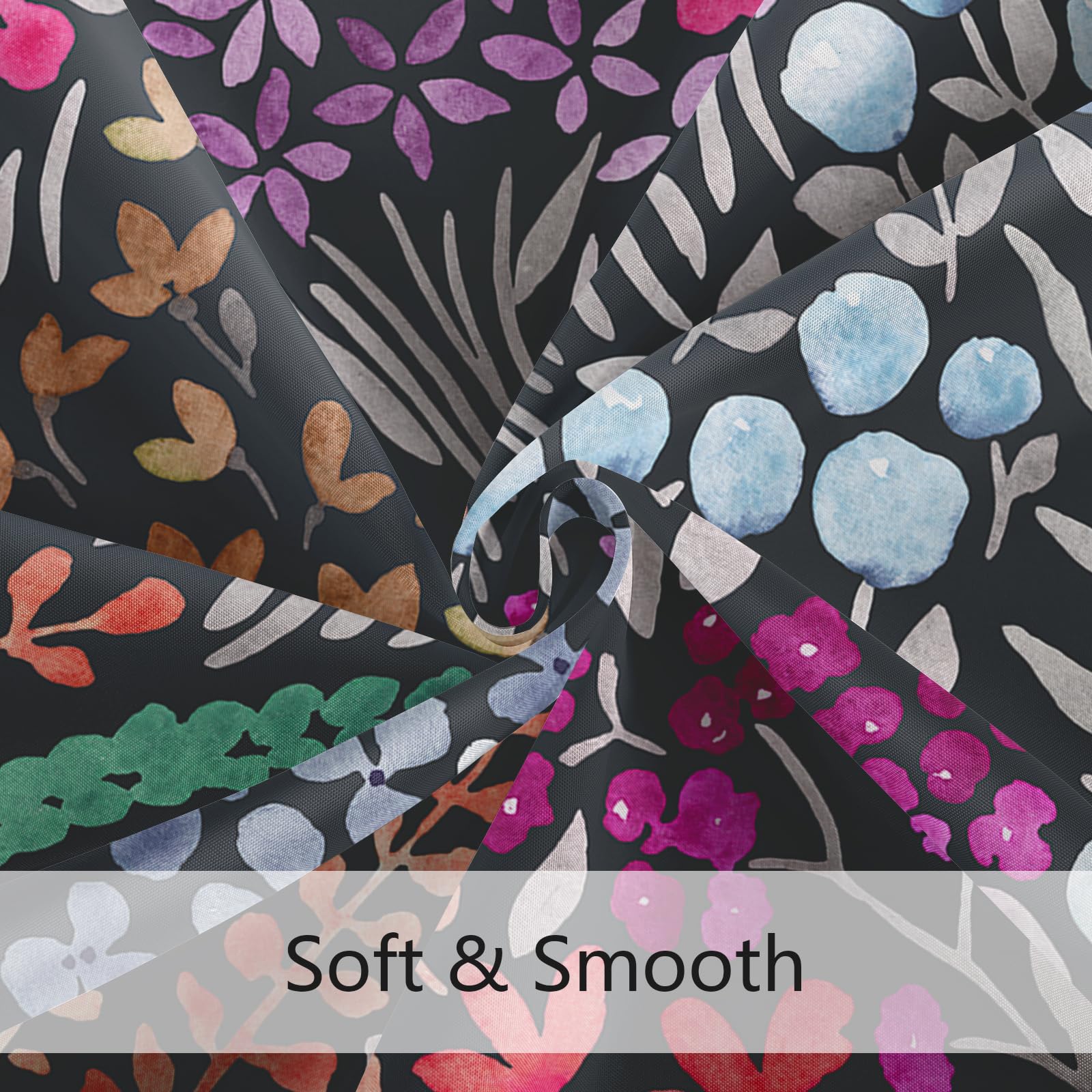 Mayzus Black Floral Shower Curtain, Hot Pink Boho Flower Fabric Shower Curtain, Cute Funky Watercolor Wildflower Shower Curtain