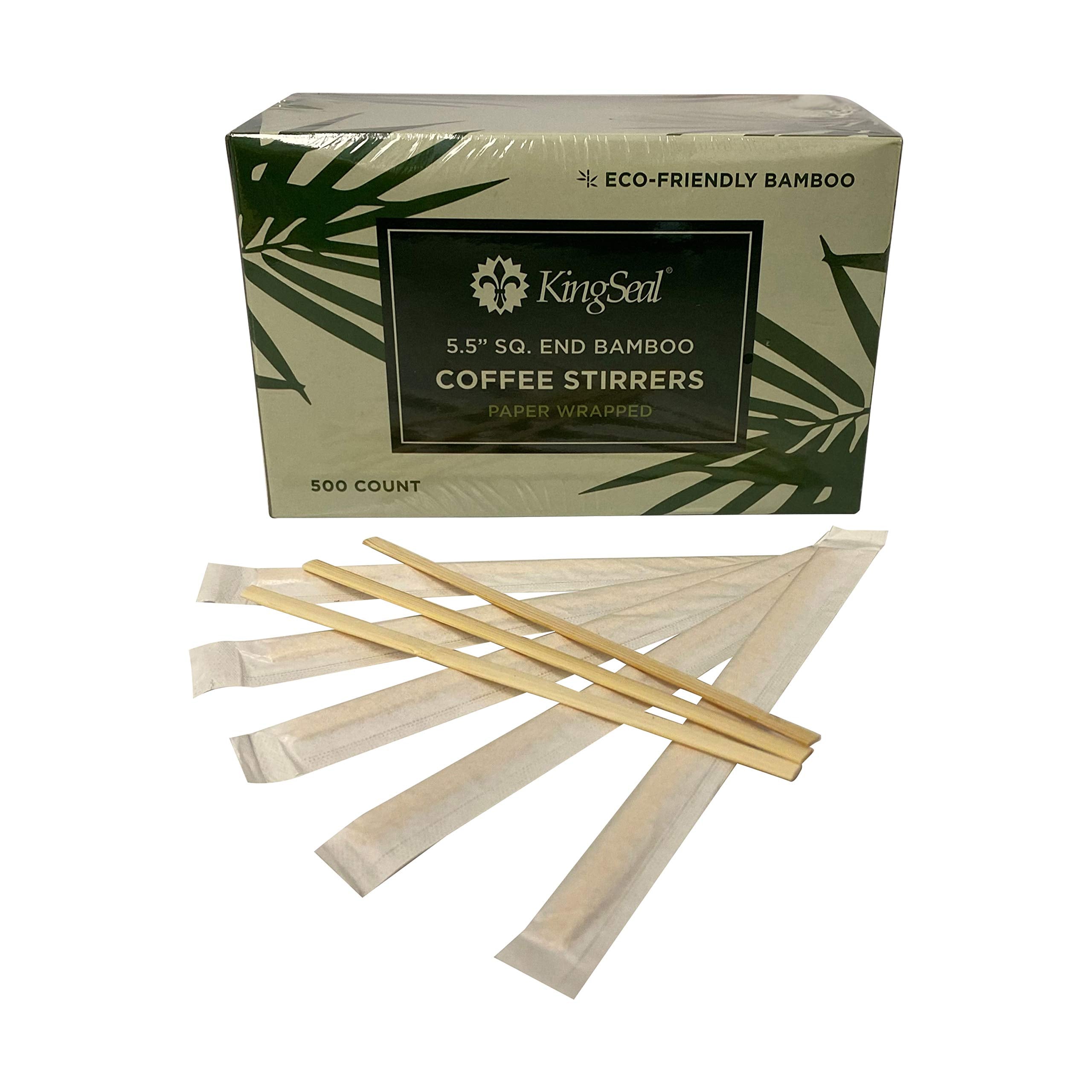 1000 Count | Kingseal Individually Paper Wrapped Bamboo Coffee Stir Sticks, 5.5 Inches, Square End, 100% Renewable And Biodegrad