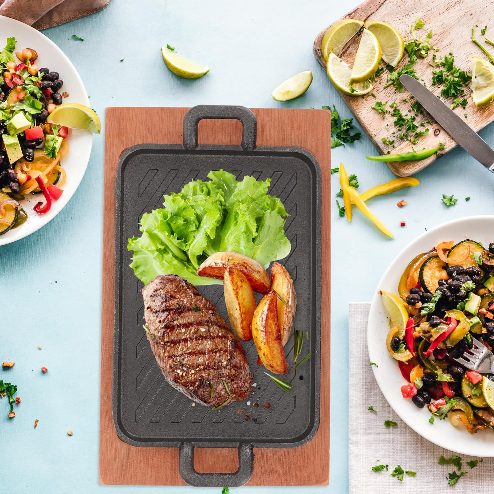 Yardwe Cast Iron Steak Plate Sizzle Griddle With Wooden Base Steak Pan Grill Fajita Server Plate For Home Kitchen Restaurant (7.