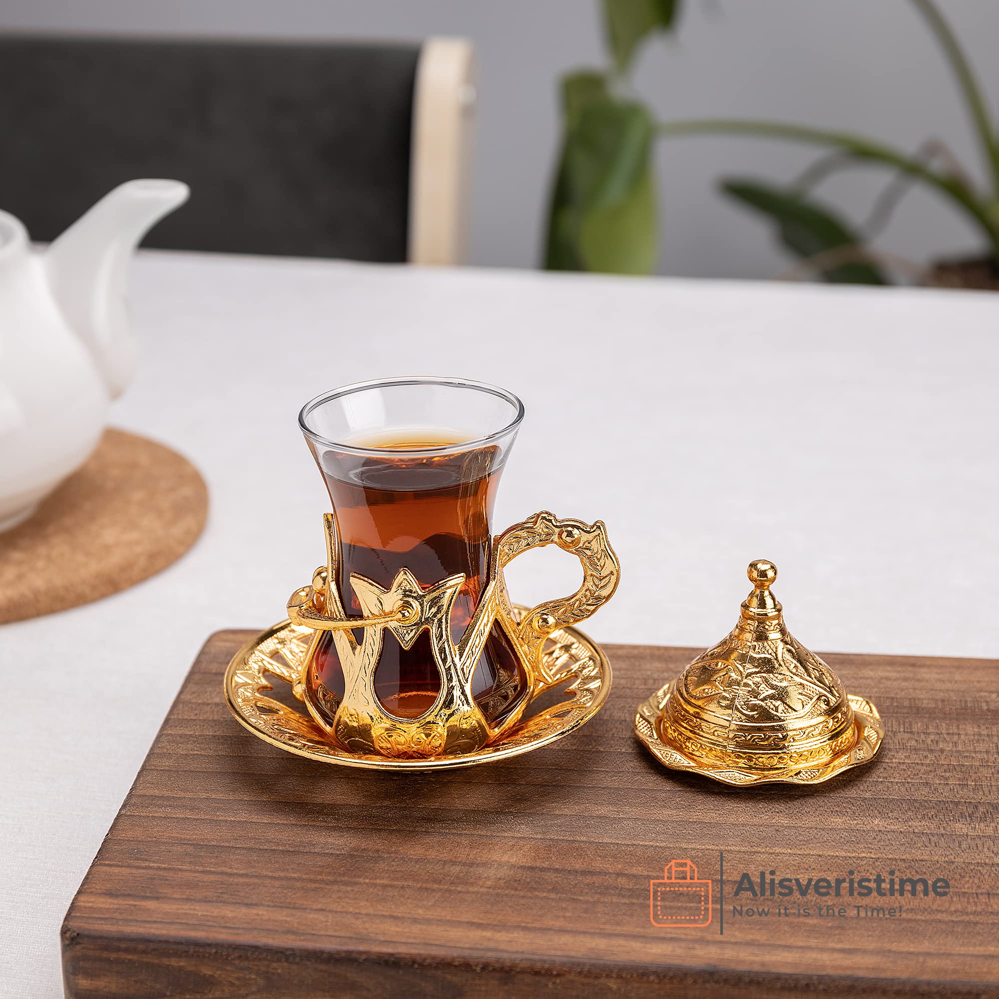 Alisveristime (Set Of 6 Handmade Turkish Tea Water Zamzam Serving Set Glasses Saucer And Spoon (Gold)