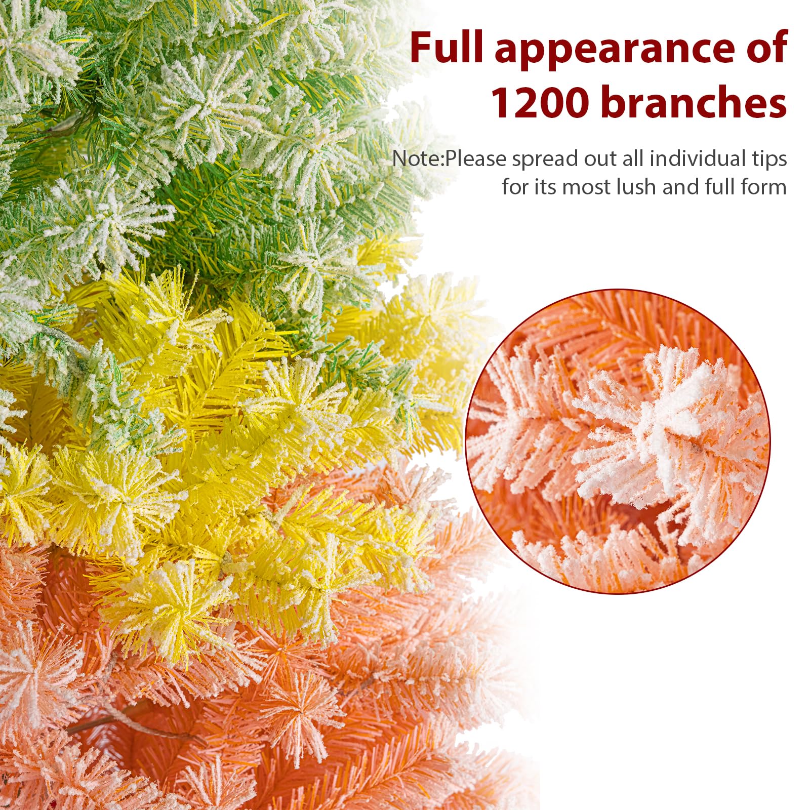 Stopsad 7FT Artificial Rainbow Christmas Tree with Realistic Flocked Branches, Colorful Xmas Tree Featuring 1200 Branch Tips, Ea