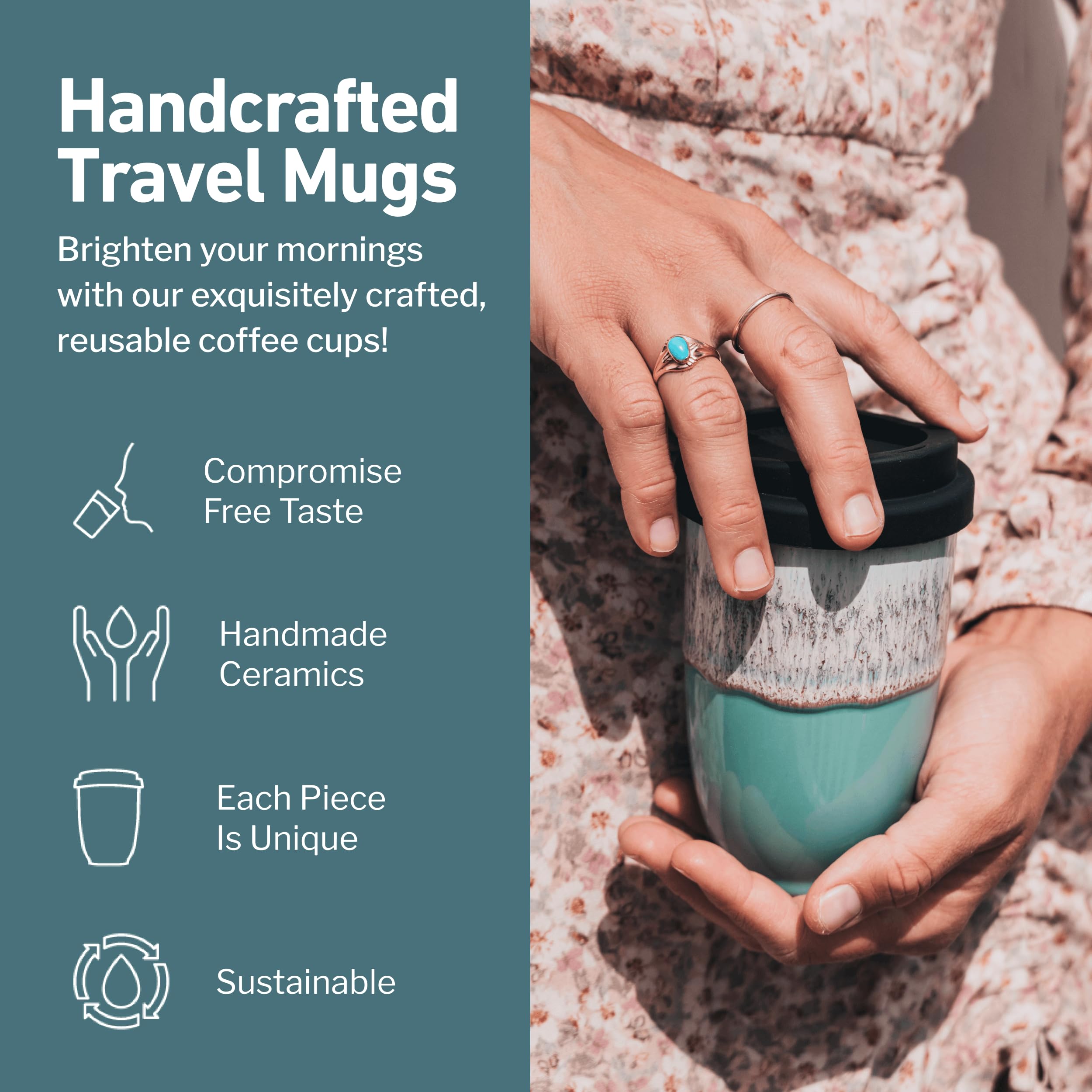 NOVA CERAMICS Reusable Coffee Cup, 12oz Ceramic Travel Mug, Aqua with Running Purple Glaze, Portable, Medium Size