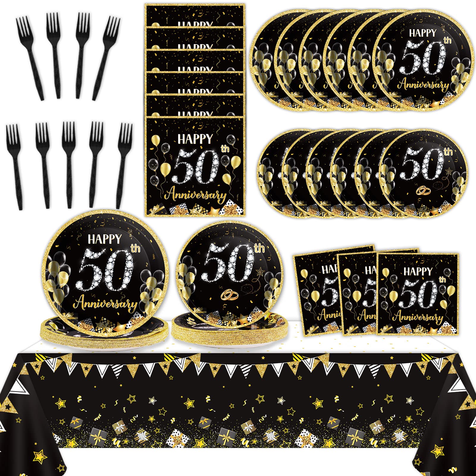 24 Guests 50Th Wedding Anniversary Party Supplies, Gold Black Tablecloth Plates Napkins Forks Set For 50Th Wedding Anniversary P
