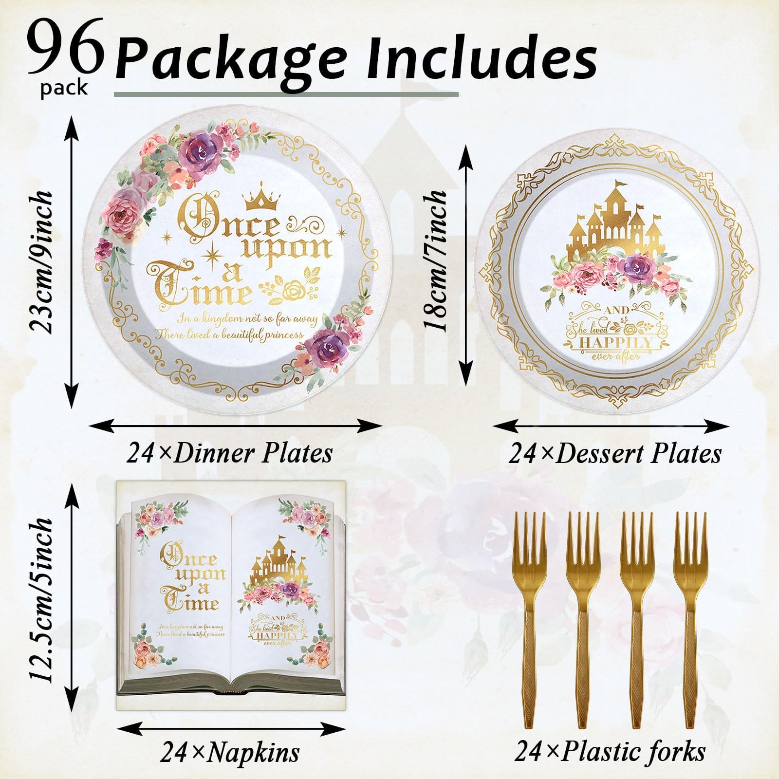 Fairytale Princess Plates And Napkins Once Upon A Time Party Tableware Set Plates For Wedding Girl Pink Floral Gold Castle Dinne