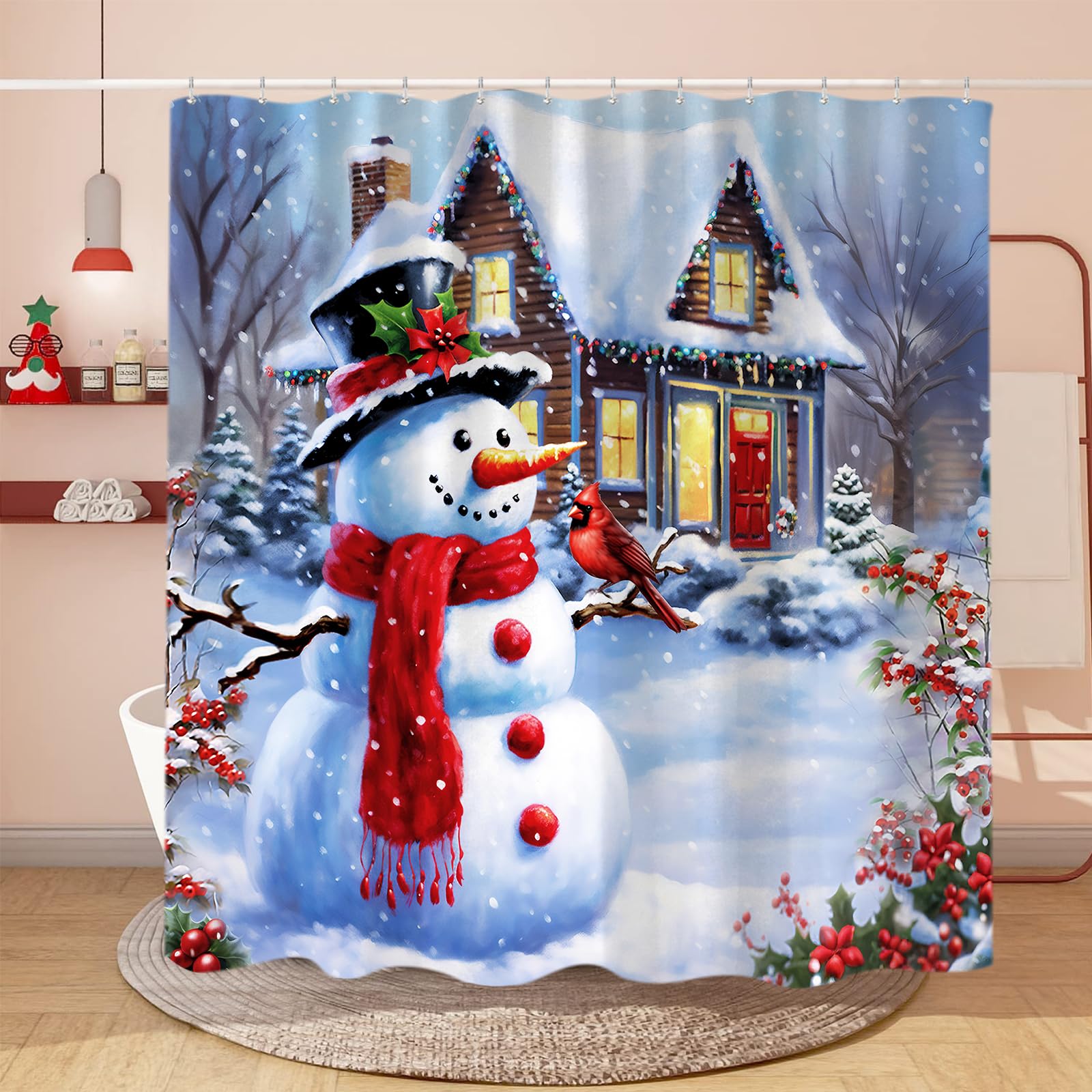 Sanzugh Christmas Snowman Shower Curtain, Winter Cardinal Snow Farmhouse Fabric Shower Curtains Set For Bathroom Decoration With